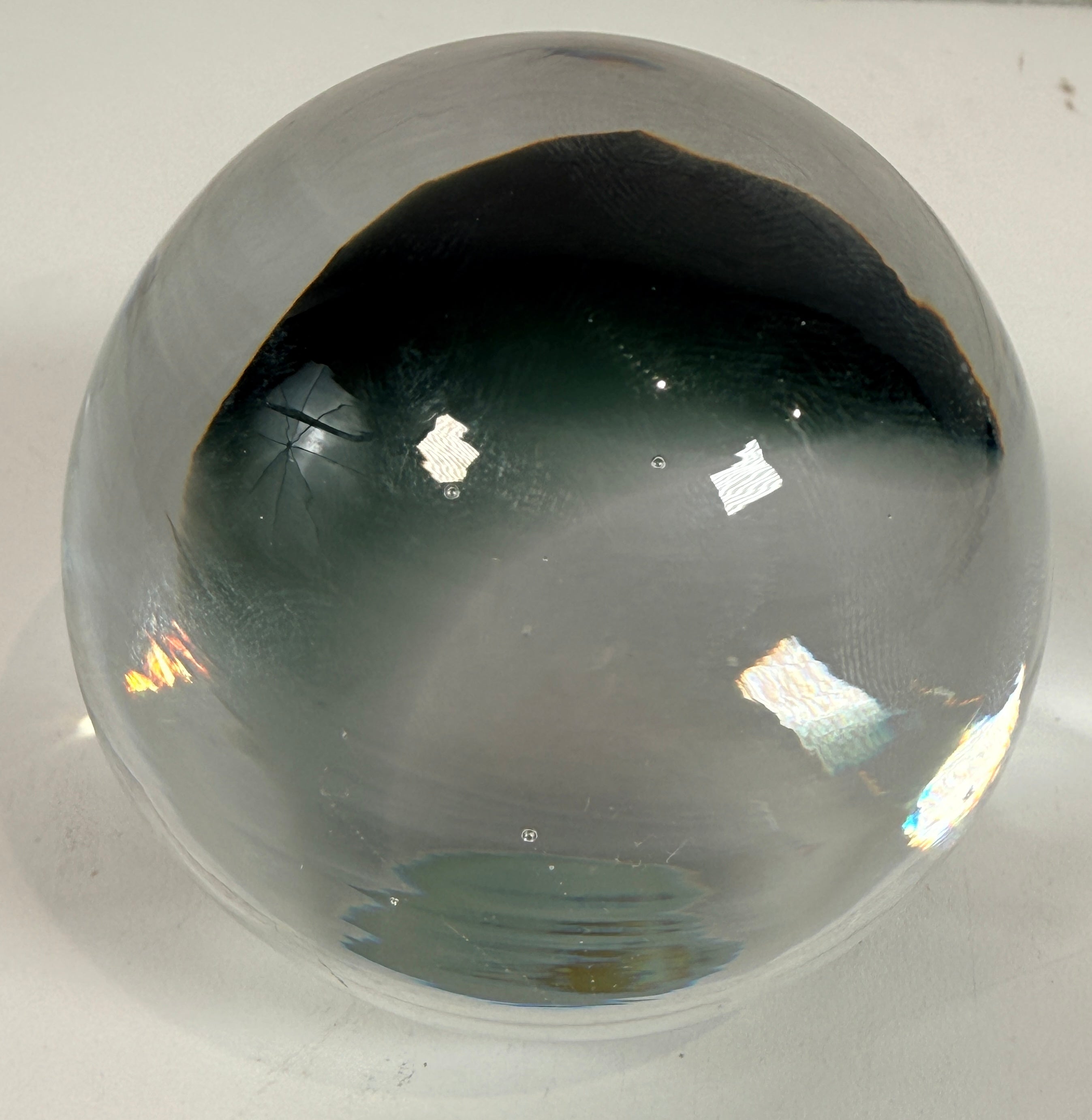 Vintage Italian art glass paperweight sphere with smoky green core, Chiurato Rome label. Heavy decorative collectible desk or shelf display piece.