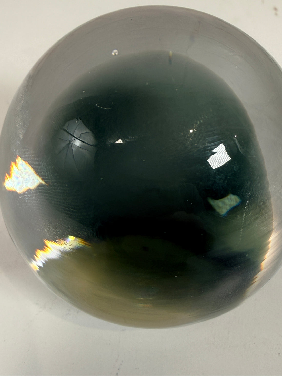 Vintage Italian art glass paperweight sphere with smoky green core, Chiurato Rome label. Heavy decorative collectible desk or shelf display piece.