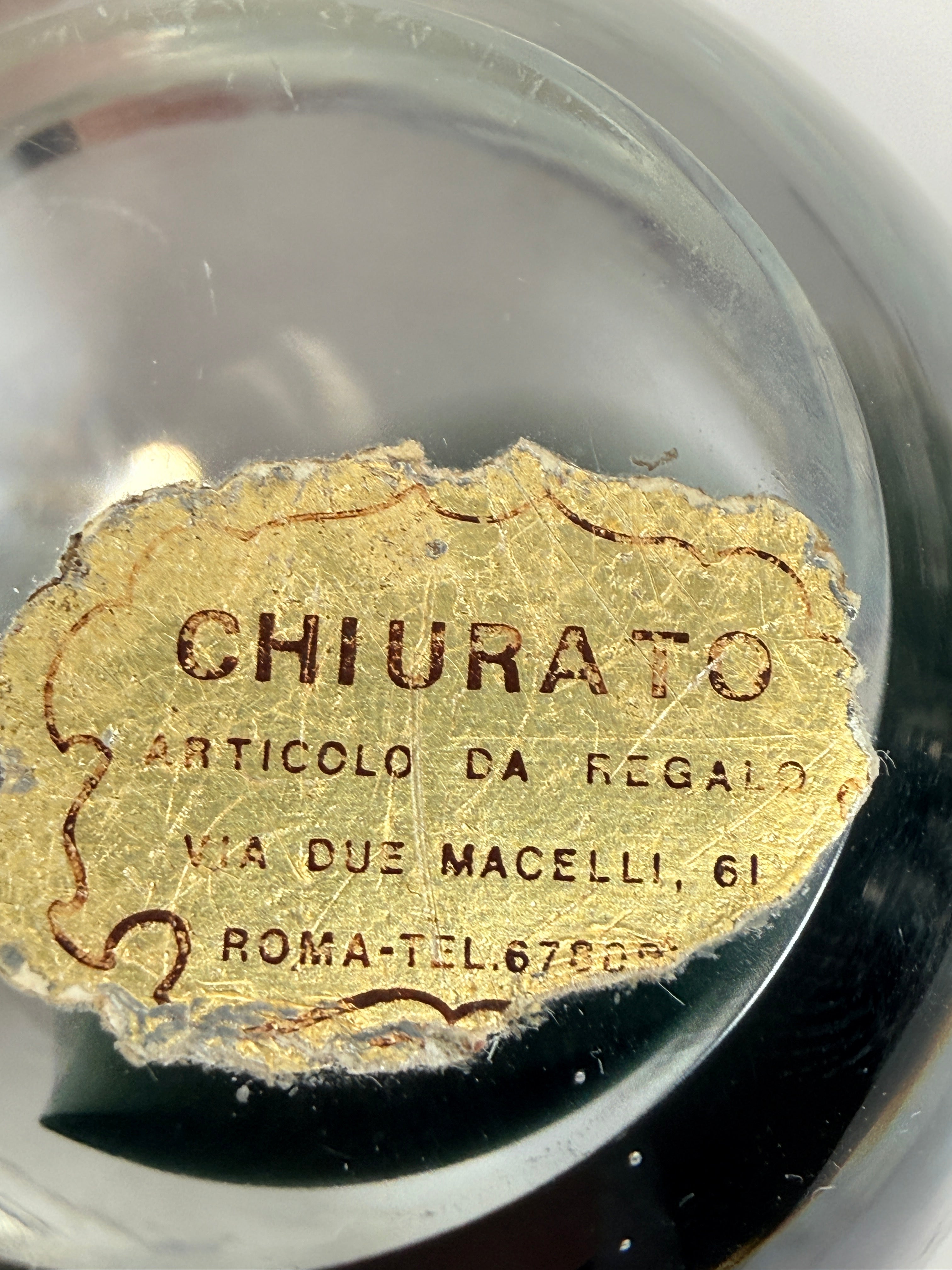Vintage Italian art glass paperweight sphere with smoky green core, Chiurato Rome label. Heavy decorative collectible desk or shelf display piece.