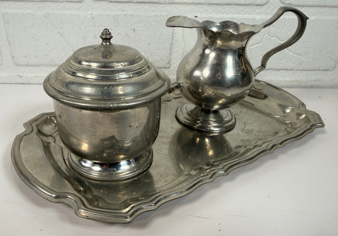Vintage Stieff Pewter Colonial Williamsburg creamer sugar bowl tray set. Classic American traditional tableware with matching pieces and tray.