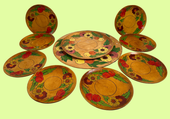 Complete 1947 Pierrette Hand-Painted Wooden Plate Set – 10pc Quebec Folk Art Dinnerware