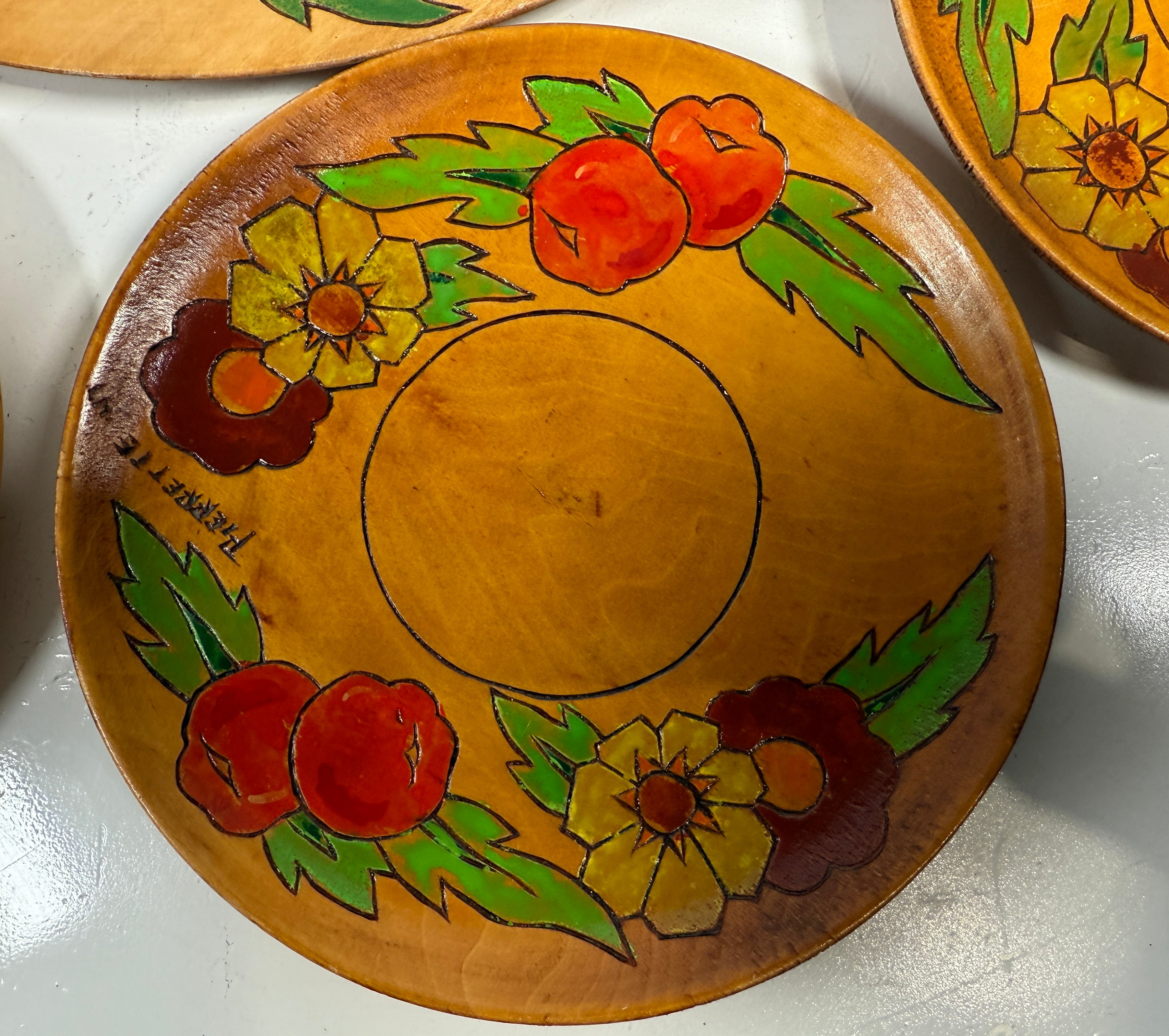 Complete 1947 Pierrette Hand-Painted Wooden Plate Set – 10pc Quebec Folk Art Dinnerware
