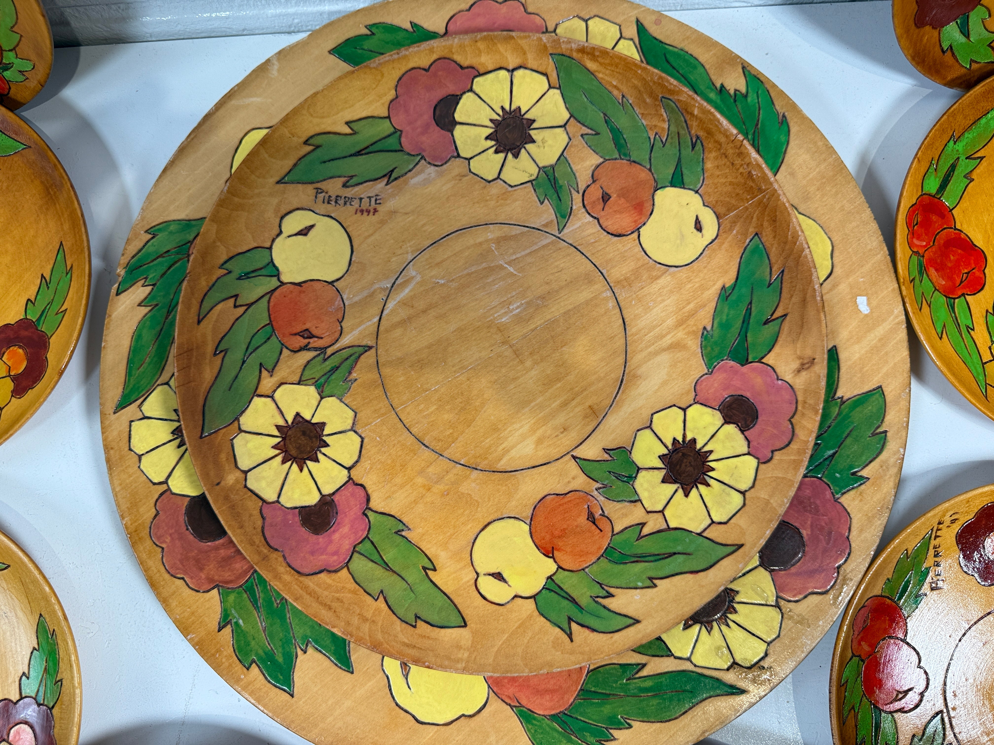 Complete 1947 Pierrette Hand-Painted Wooden Plate Set – 10pc Quebec Folk Art Dinnerware