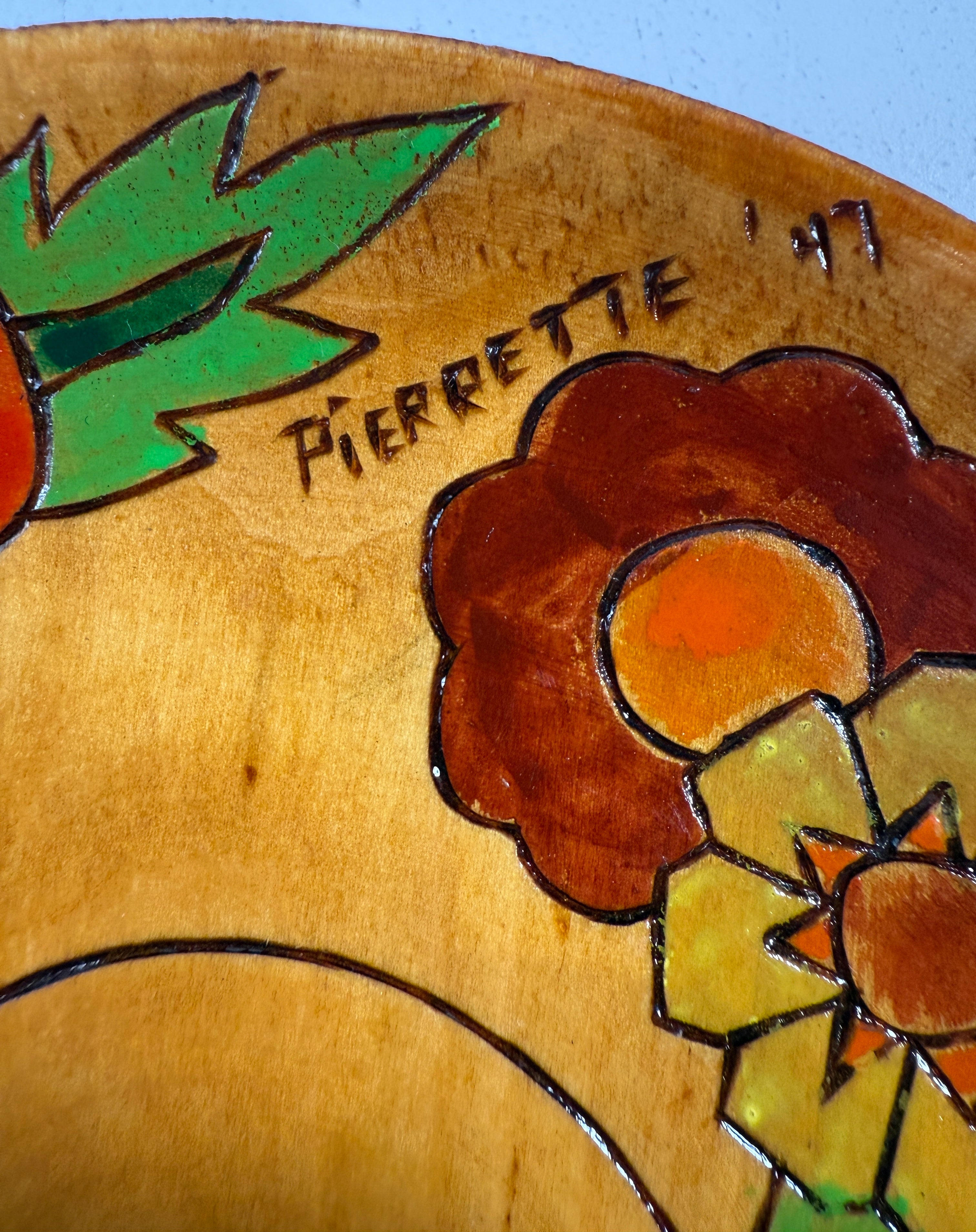 Complete 1947 Pierrette Hand-Painted Wooden Plate Set – 10pc Quebec Folk Art Dinnerware