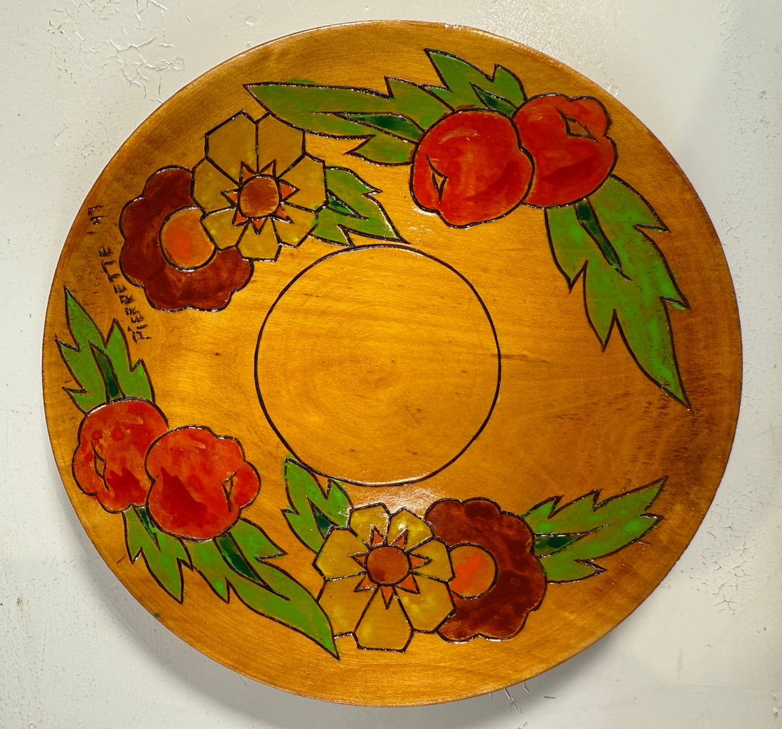 Complete 1947 Pierrette Hand-Painted Wooden Plate Set – 10pc Quebec Folk Art Dinnerware