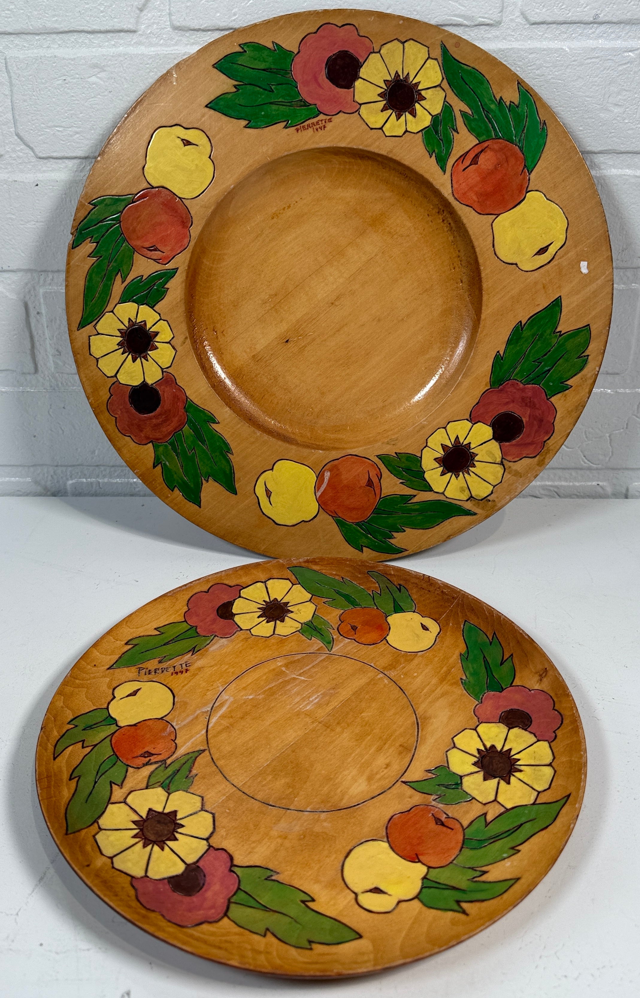 Complete 1947 Pierrette Hand-Painted Wooden Plate Set – 10pc Quebec Folk Art Dinnerware