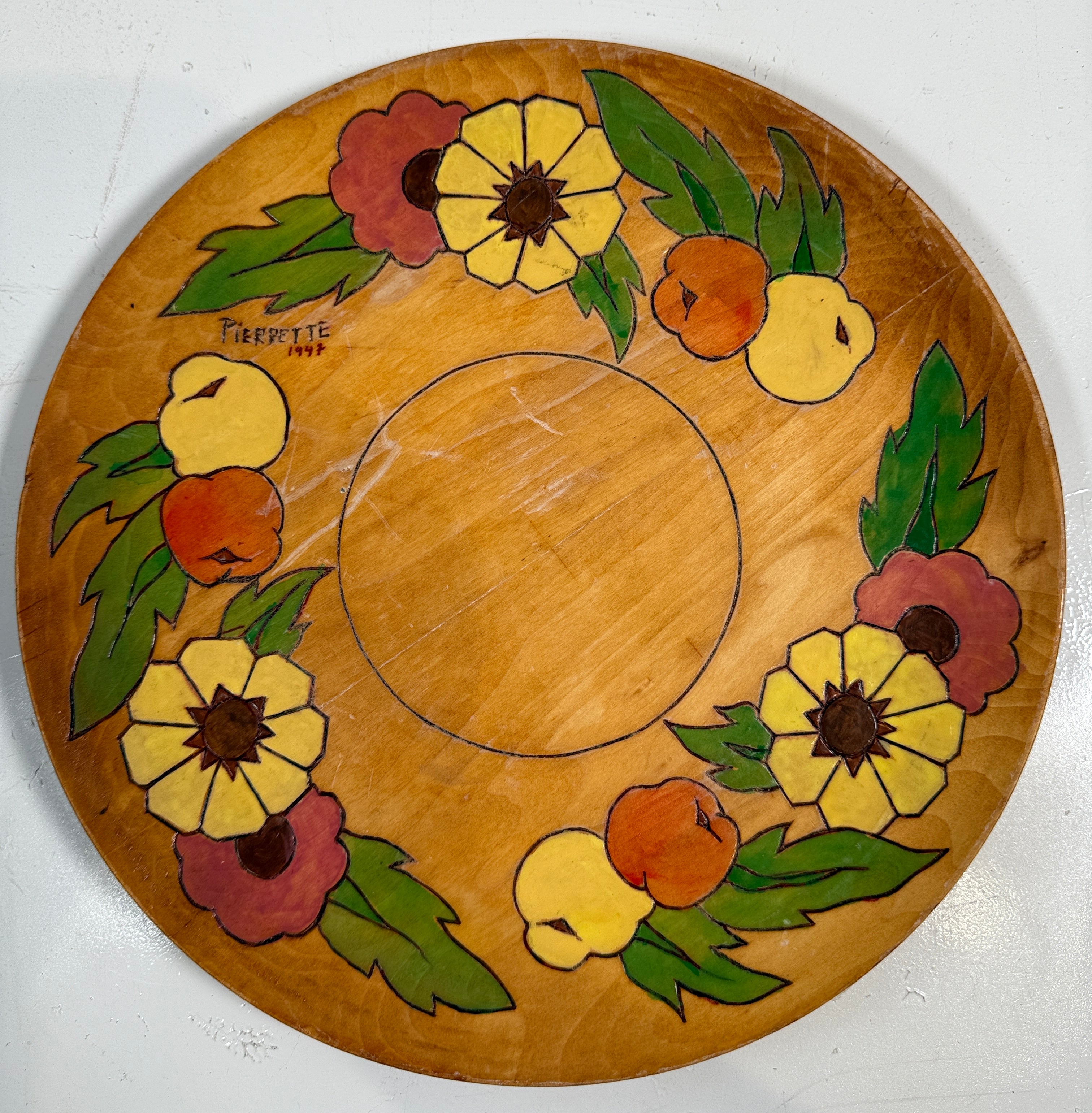 Complete 1947 Pierrette Hand-Painted Wooden Plate Set – 10pc Quebec Folk Art Dinnerware