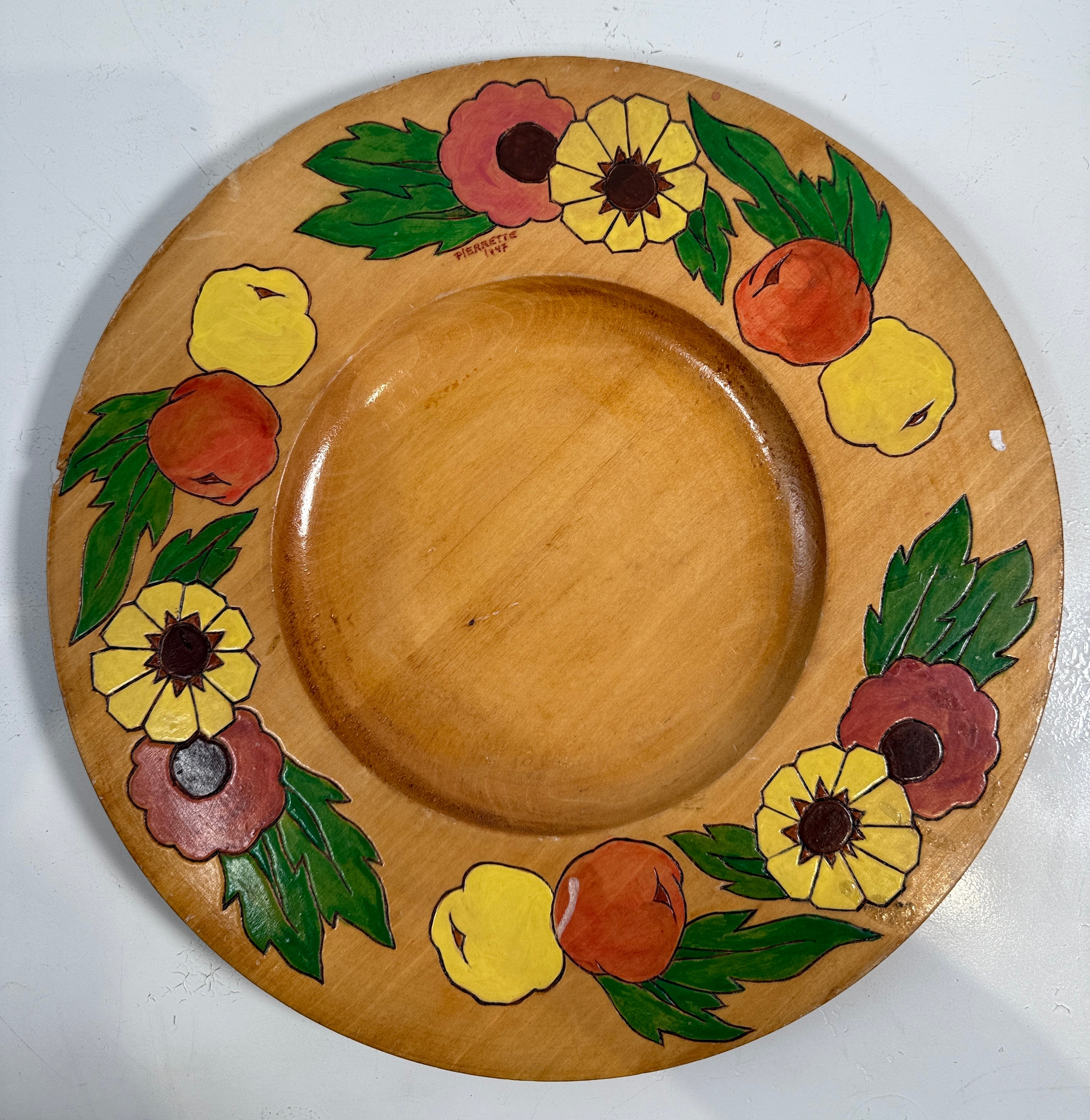 Complete 1947 Pierrette Hand-Painted Wooden Plate Set – 10pc Quebec Folk Art Dinnerware