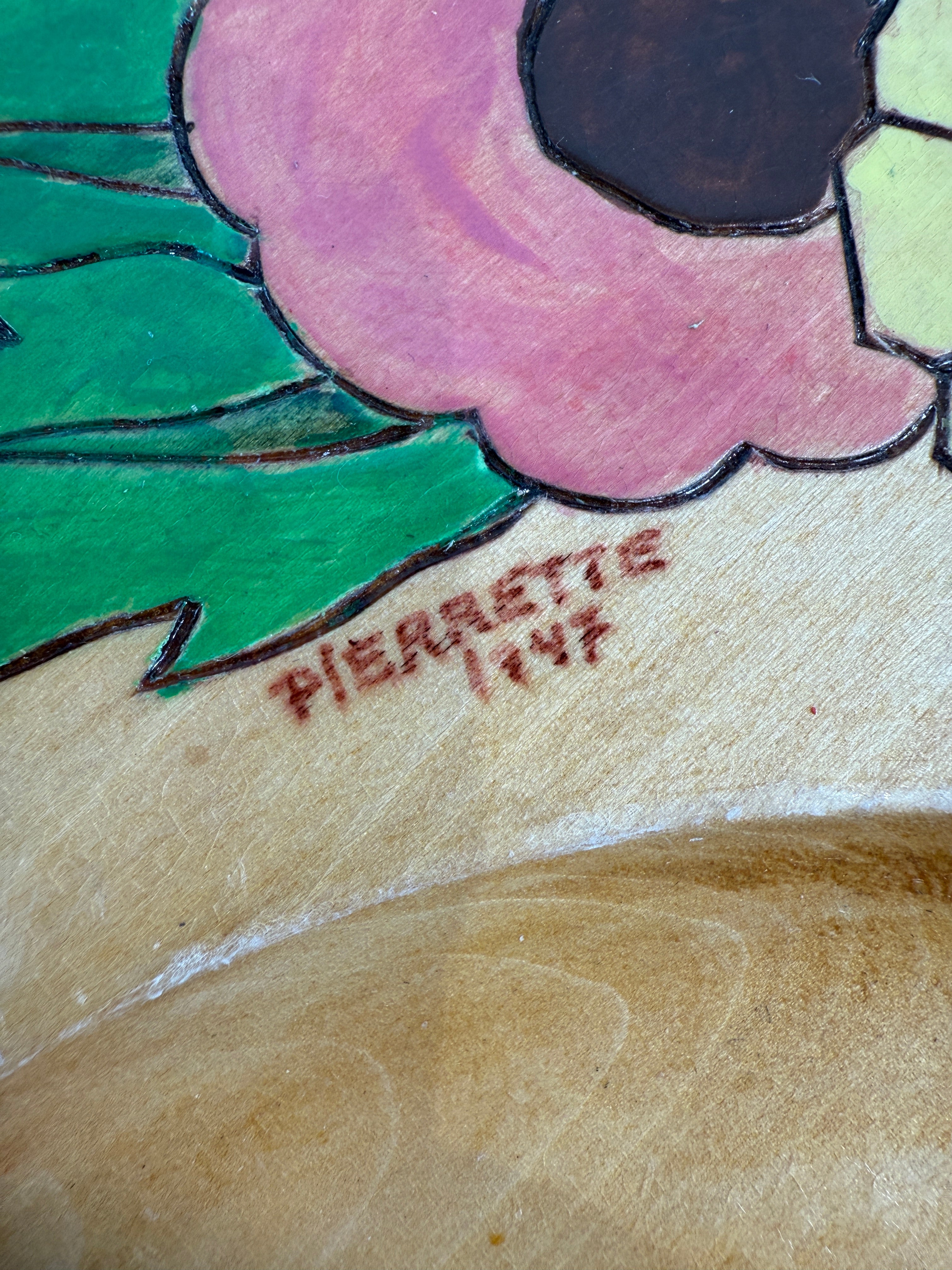 Complete 1947 Pierrette Hand-Painted Wooden Plate Set – 10pc Quebec Folk Art Dinnerware