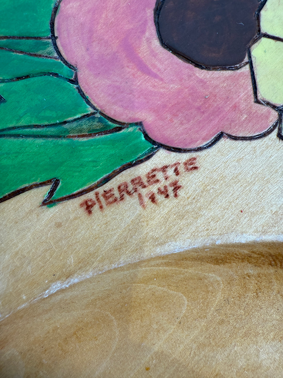 Complete 1947 Pierrette Hand-Painted Wooden Plate Set – 10pc Quebec Folk Art Dinnerware