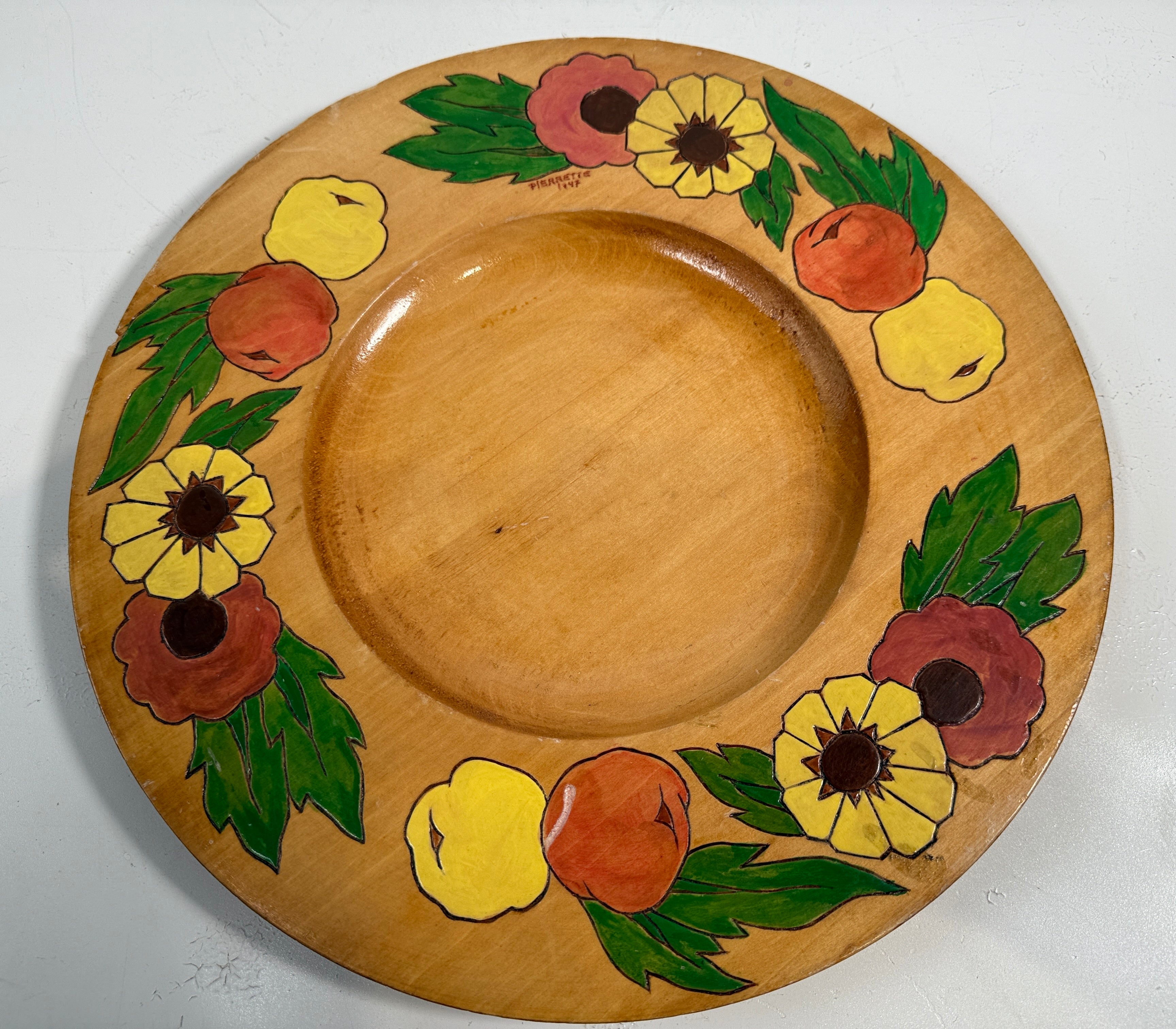 Complete 1947 Pierrette Hand-Painted Wooden Plate Set – 10pc Quebec Folk Art Dinnerware