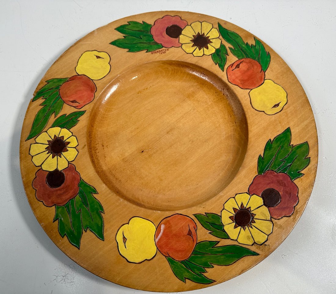 Complete 1947 Pierrette Hand-Painted Wooden Plate Set – 10pc Quebec Folk Art Dinnerware