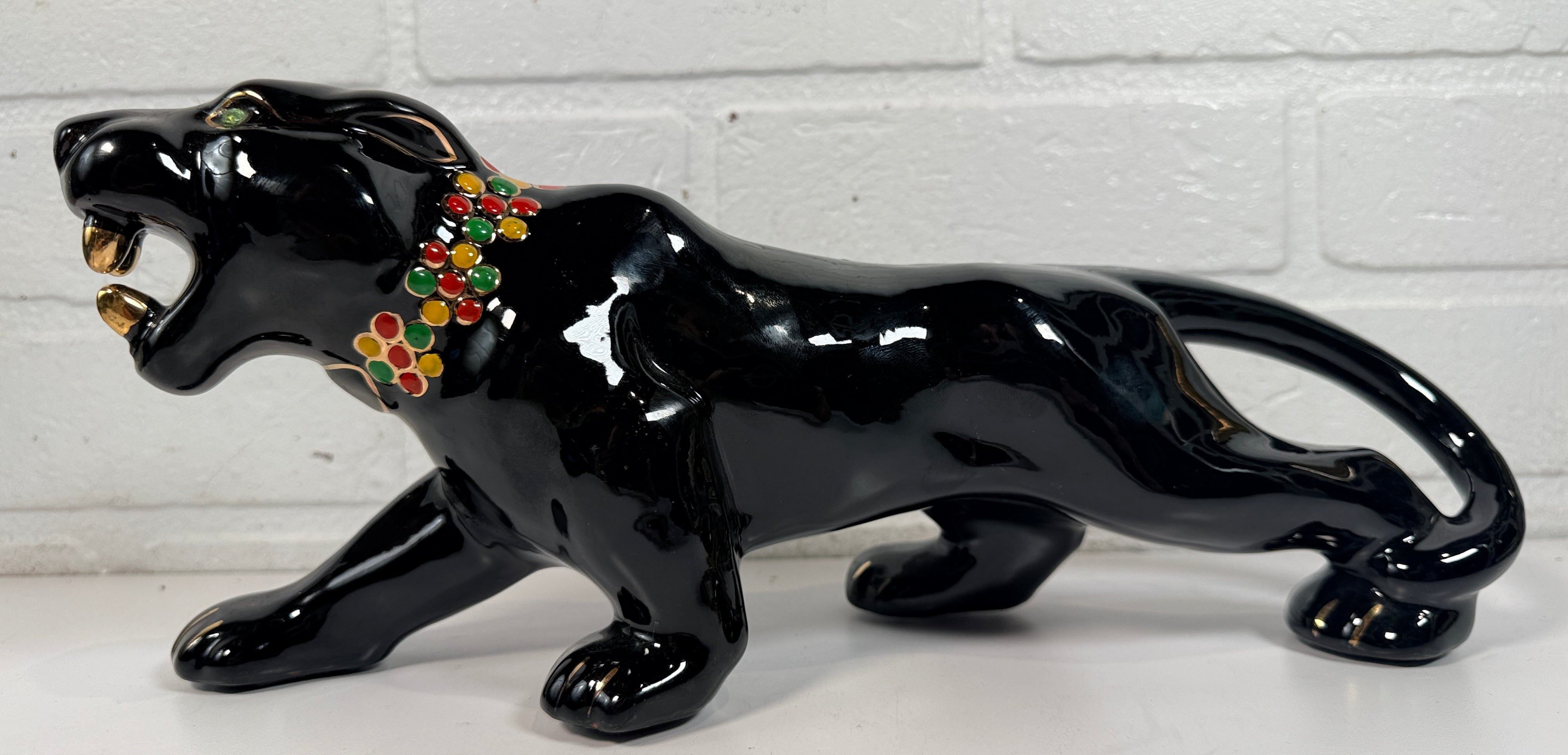 Vintage Japanese black panther ceramic statue with jeweled collar, made in Japan MCM décor collectible for shelf or bar display.