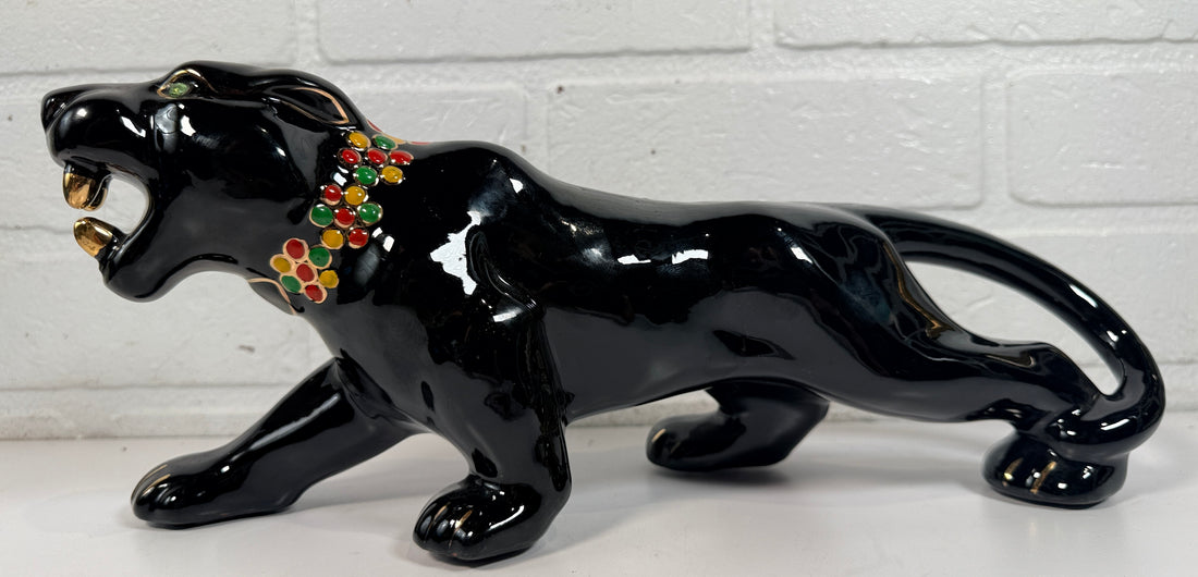 Vintage Japanese black panther ceramic statue with jeweled collar, made in Japan MCM décor collectible for shelf or bar display.