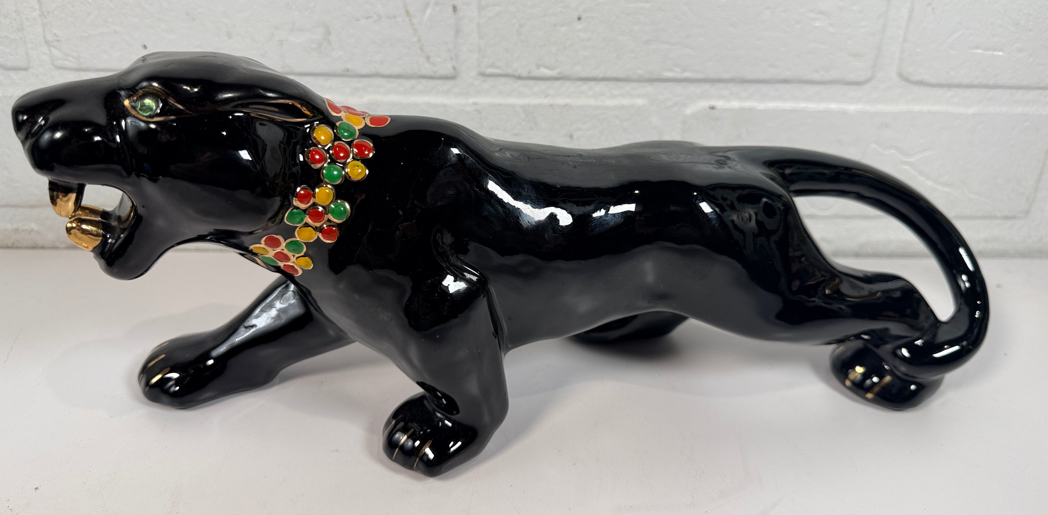 Vintage Japanese black panther ceramic statue with jeweled collar, made in Japan MCM décor collectible for shelf or bar display.