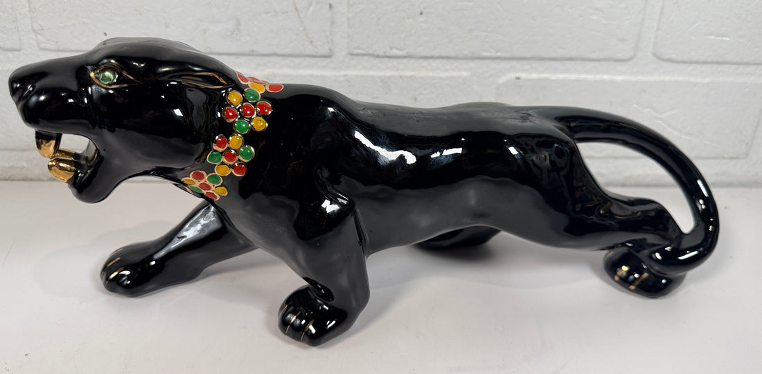 Vintage Japanese black panther ceramic statue with jeweled collar, made in Japan MCM décor collectible for shelf or bar display.