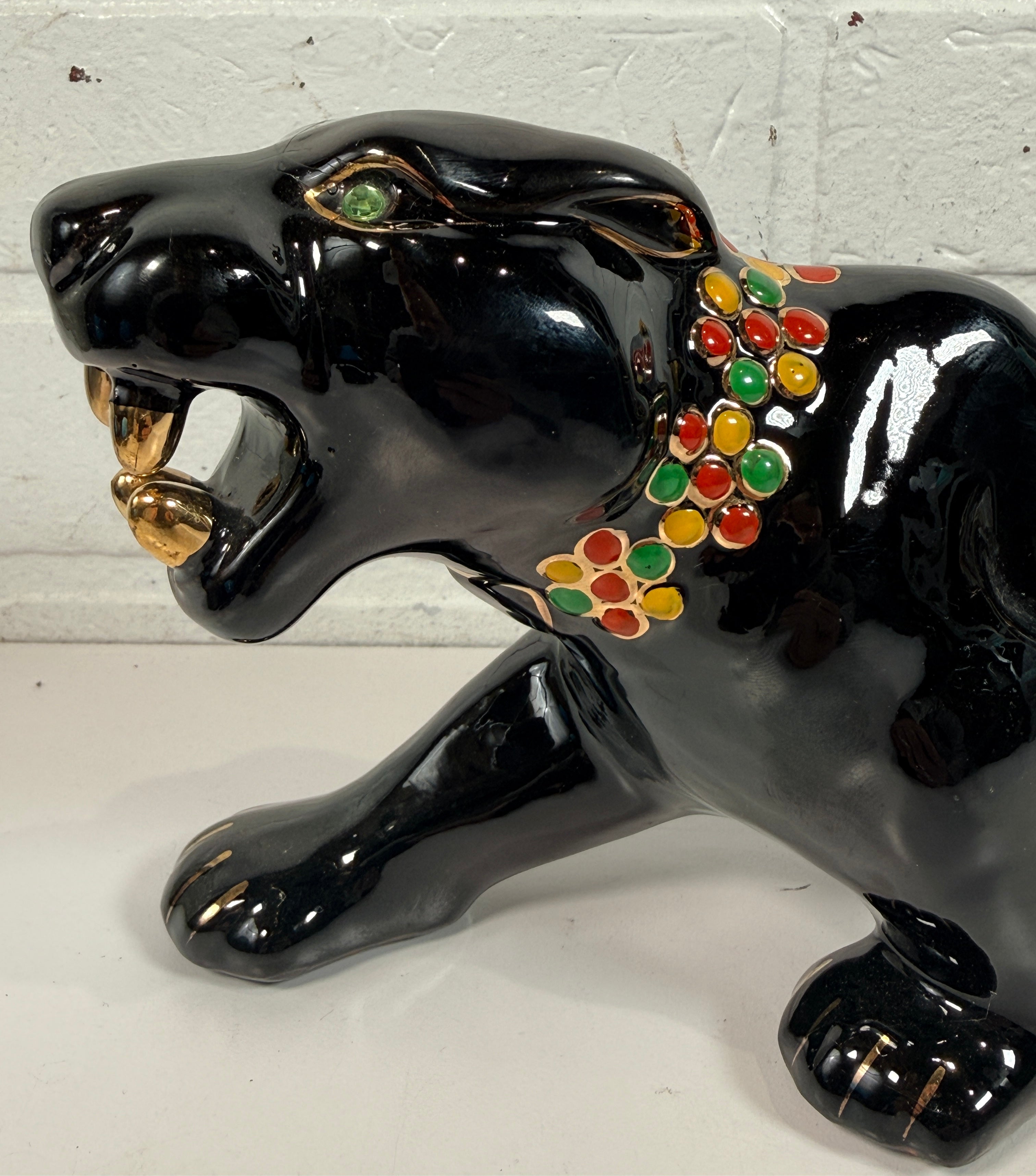Vintage Japanese black panther ceramic statue with jeweled collar, made in Japan MCM décor collectible for shelf or bar display.