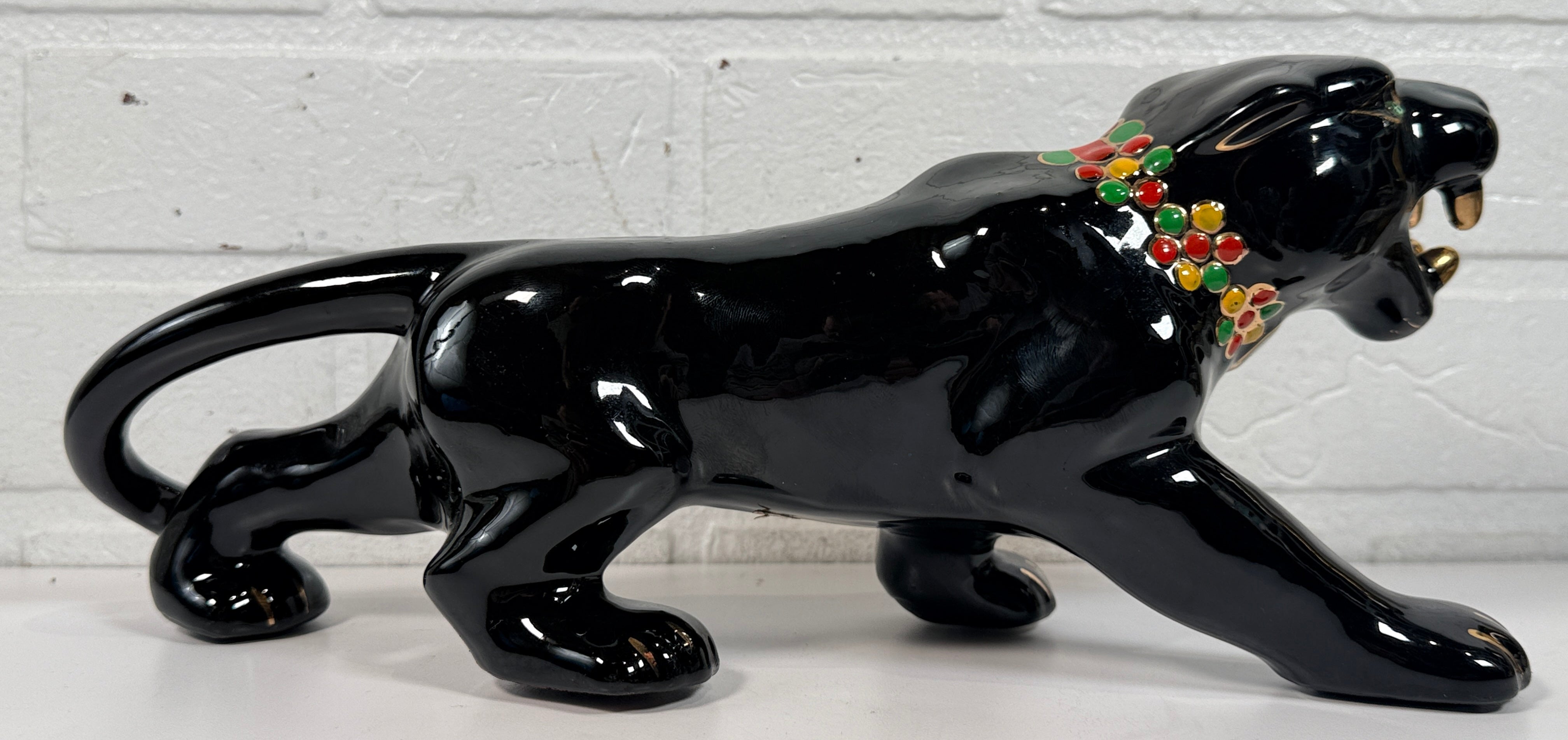 Vintage Japanese black panther ceramic statue with jeweled collar, made in Japan MCM décor collectible for shelf or bar display.