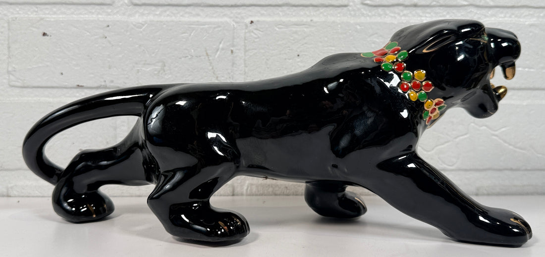 Vintage Japanese black panther ceramic statue with jeweled collar, made in Japan MCM décor collectible for shelf or bar display.