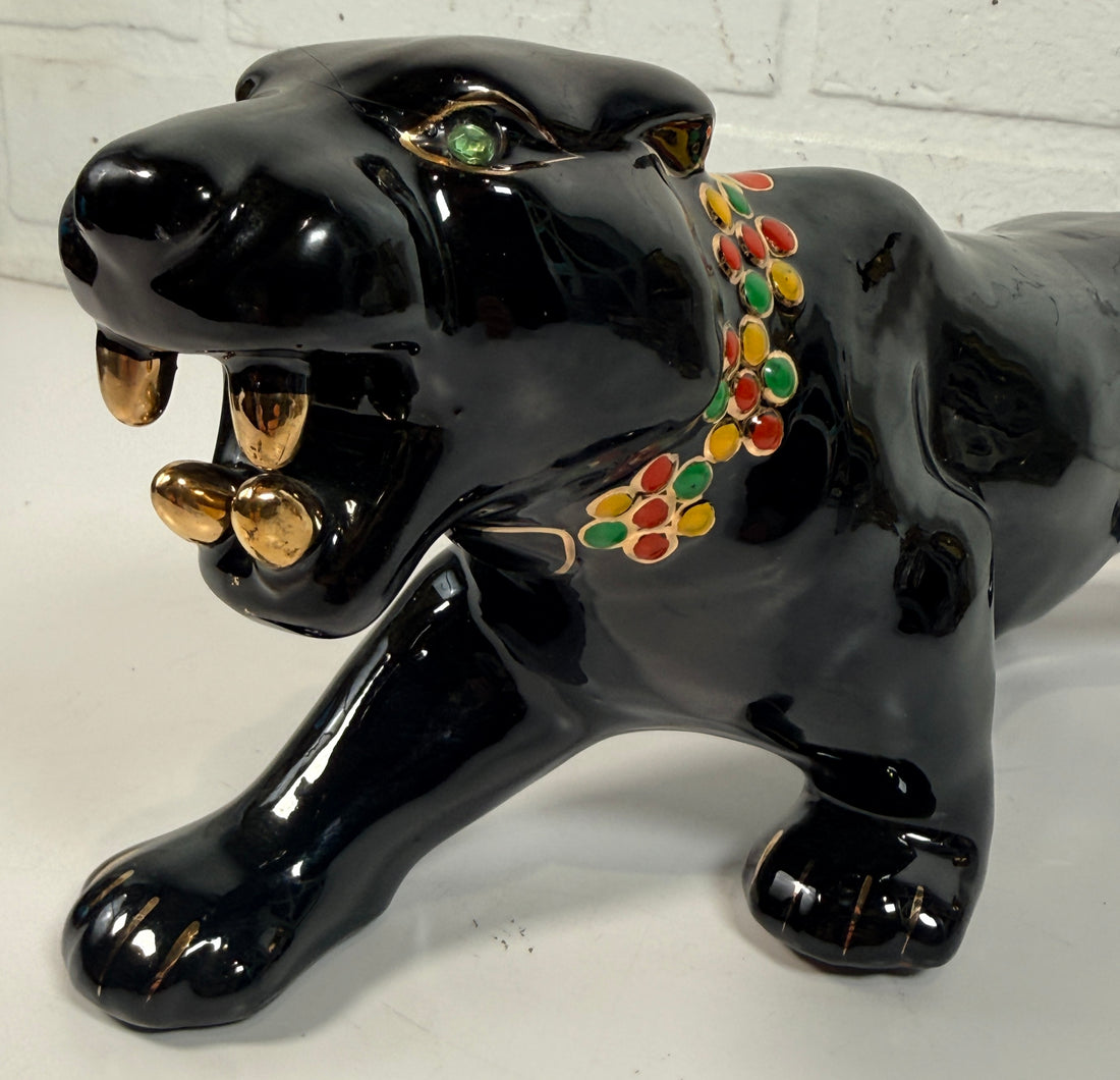 Vintage Japanese black panther ceramic statue with jeweled collar, made in Japan MCM décor collectible for shelf or bar display.