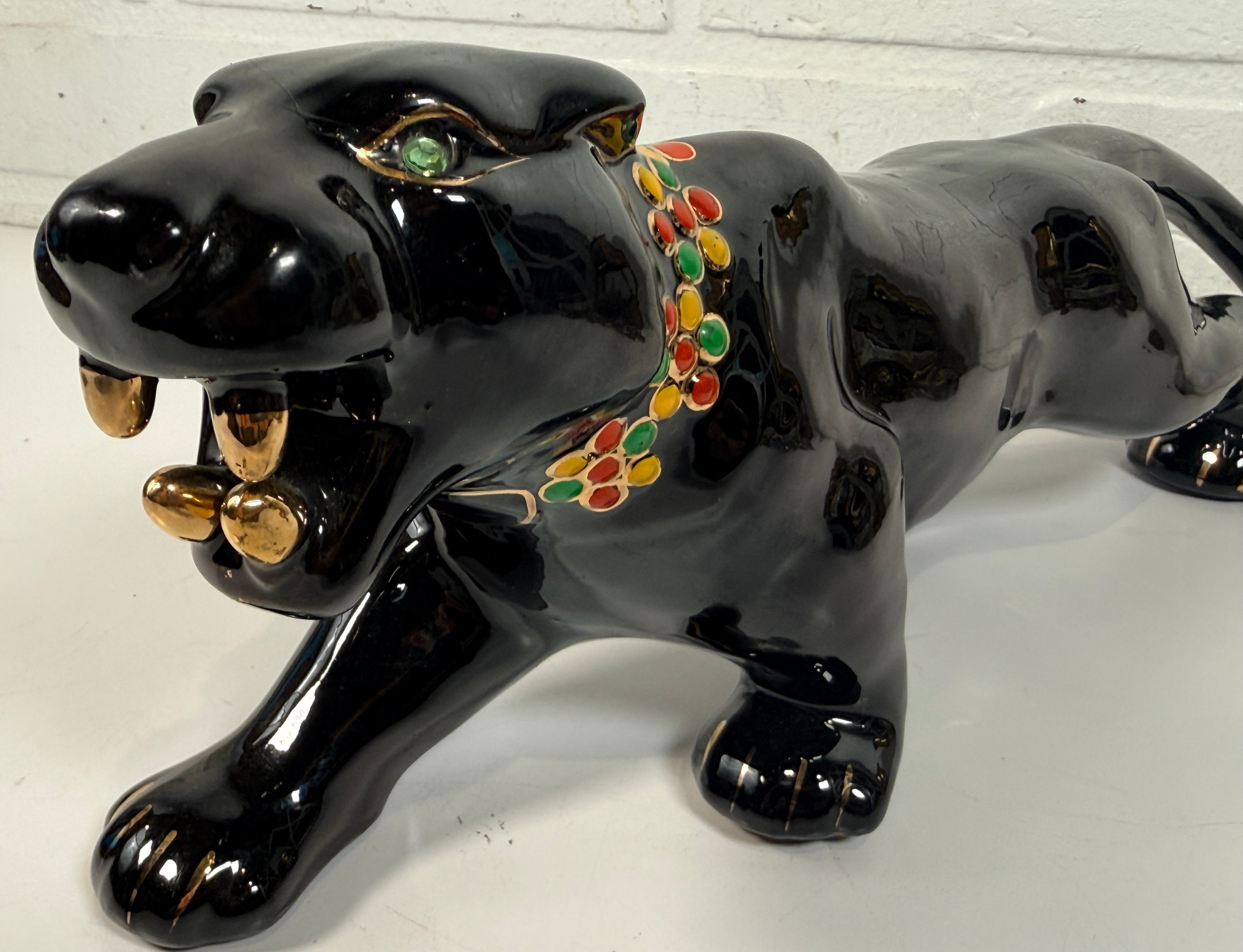Vintage Japanese black panther ceramic statue with jeweled collar, made in Japan MCM décor collectible for shelf or bar display.