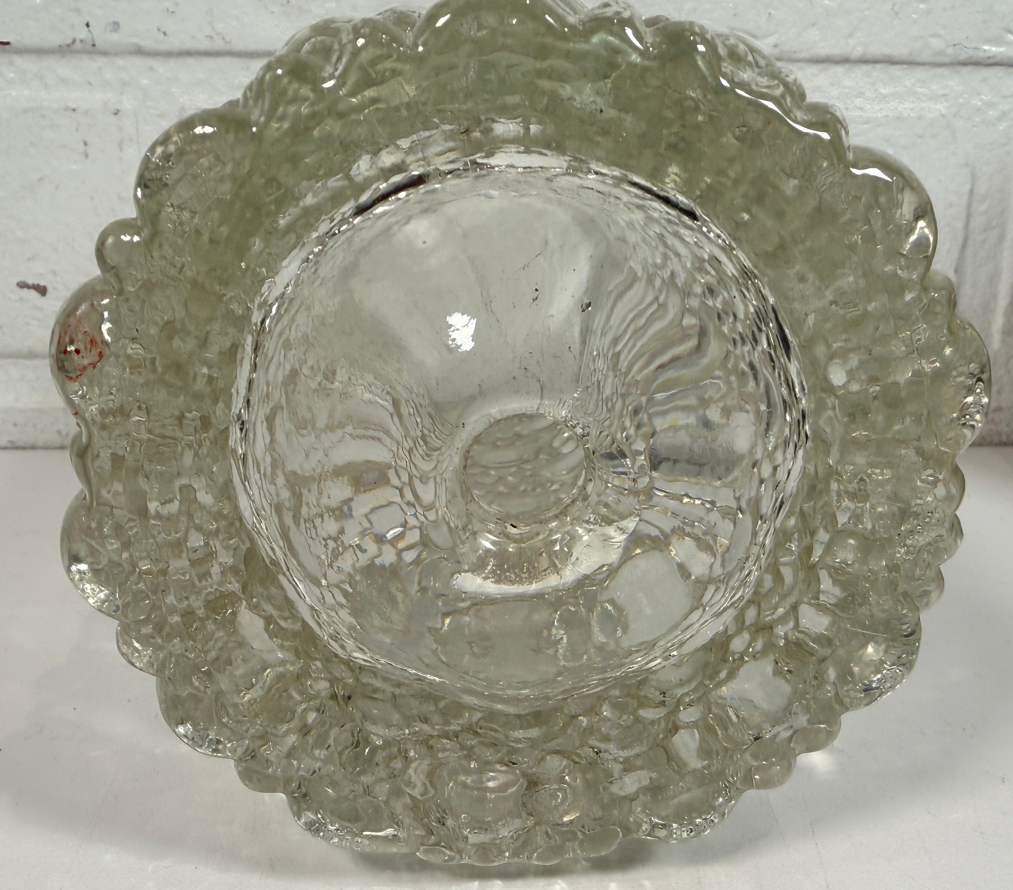 Mid-century modern clear bubble glass cylinder vase with Scandinavian style. Heavy textured art glass décor piece from the 1960s–70s.