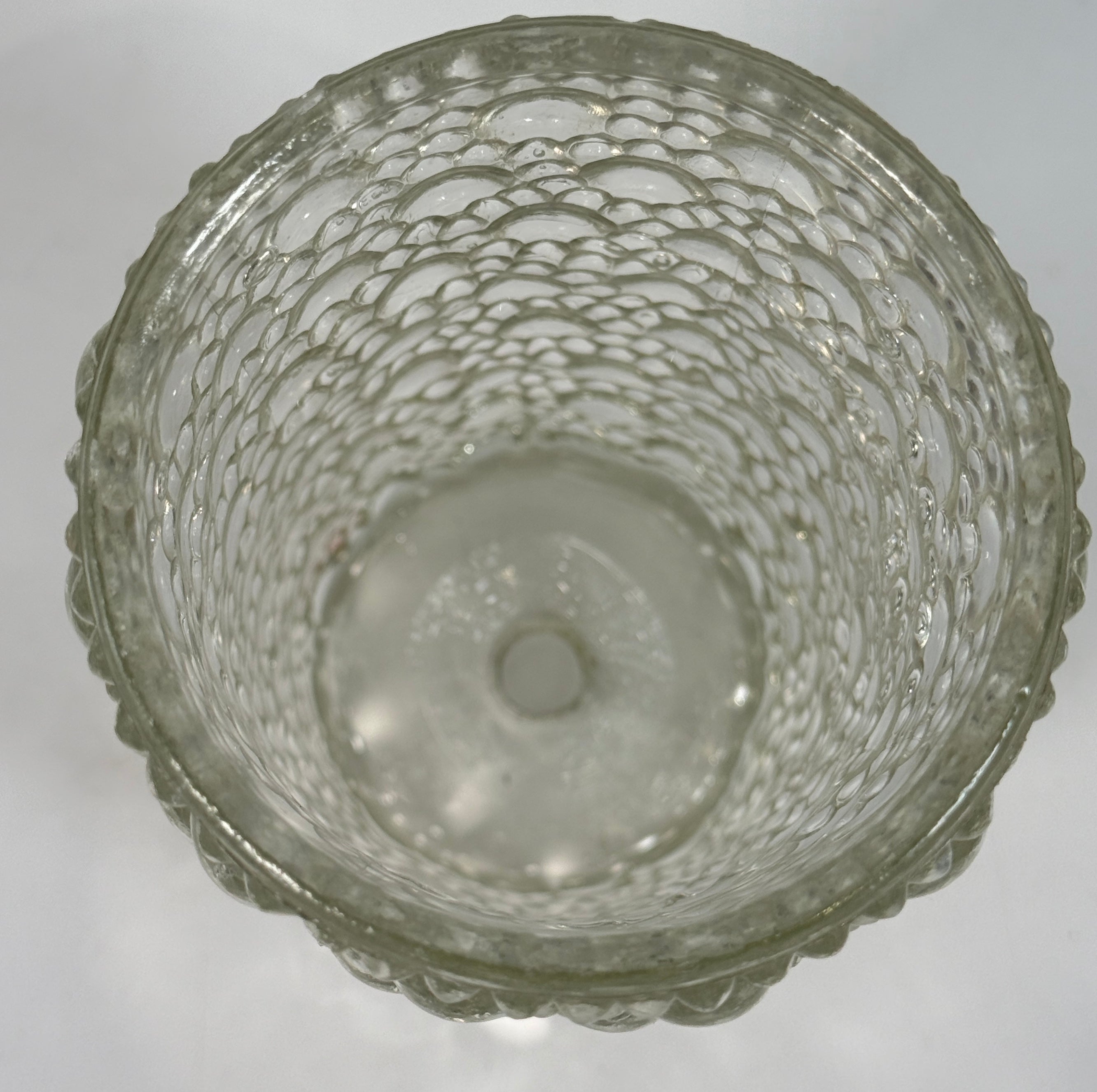 Mid-century modern clear bubble glass cylinder vase with Scandinavian style. Heavy textured art glass décor piece from the 1960s–70s.