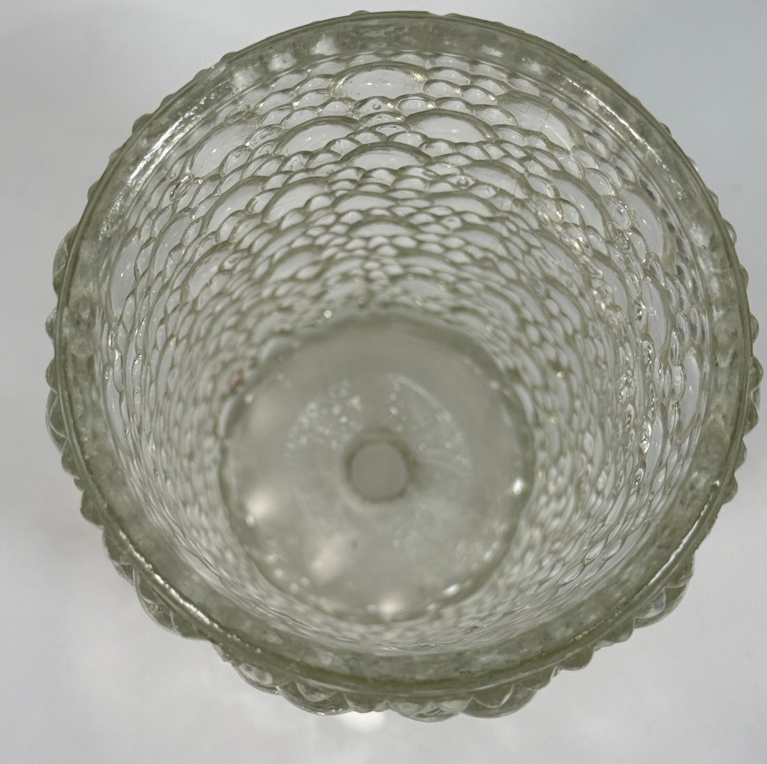 Mid-century modern clear bubble glass cylinder vase with Scandinavian style. Heavy textured art glass décor piece from the 1960s–70s.