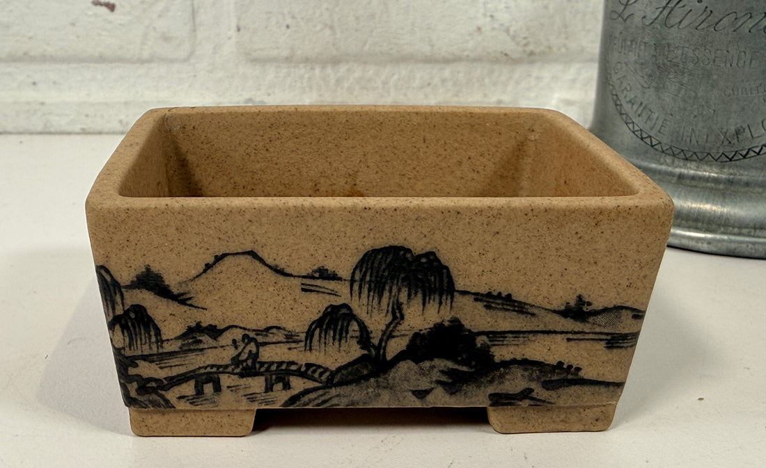 Vintage Japanese mame bonsai pot with hand painted landscape scene. Miniature ceramic planter for shohin bonsai, succulent display, or collector décor.