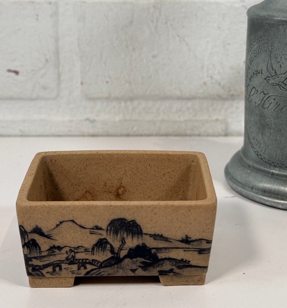 Vintage Japanese mame bonsai pot with hand painted landscape scene. Miniature ceramic planter for shohin bonsai, succulent display, or collector décor.