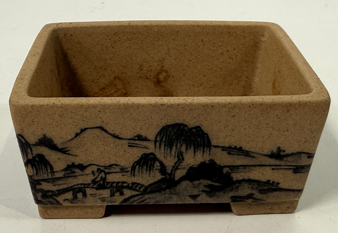 Vintage Japanese mame bonsai pot with hand painted landscape scene. Miniature ceramic planter for shohin bonsai, succulent display, or collector décor.