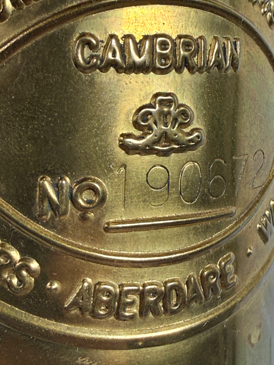 Authentic Thomas Williams Cambrian Welsh miners lamp in brass with chain. Classic industrial decor collectible marked Aberdare Wales.