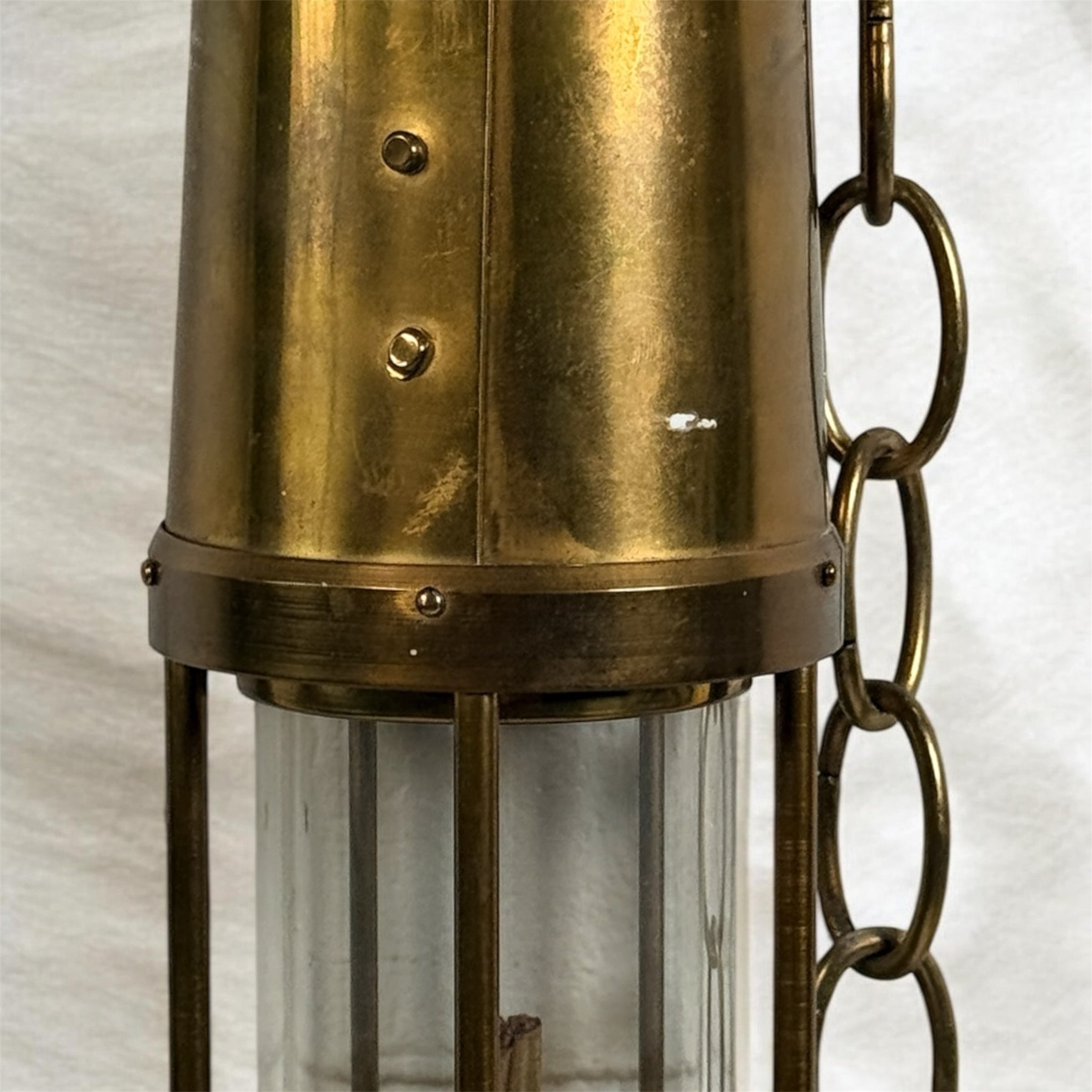 Authentic Thomas Williams Cambrian Welsh miners lamp in brass with chain. Classic industrial decor collectible marked Aberdare Wales.