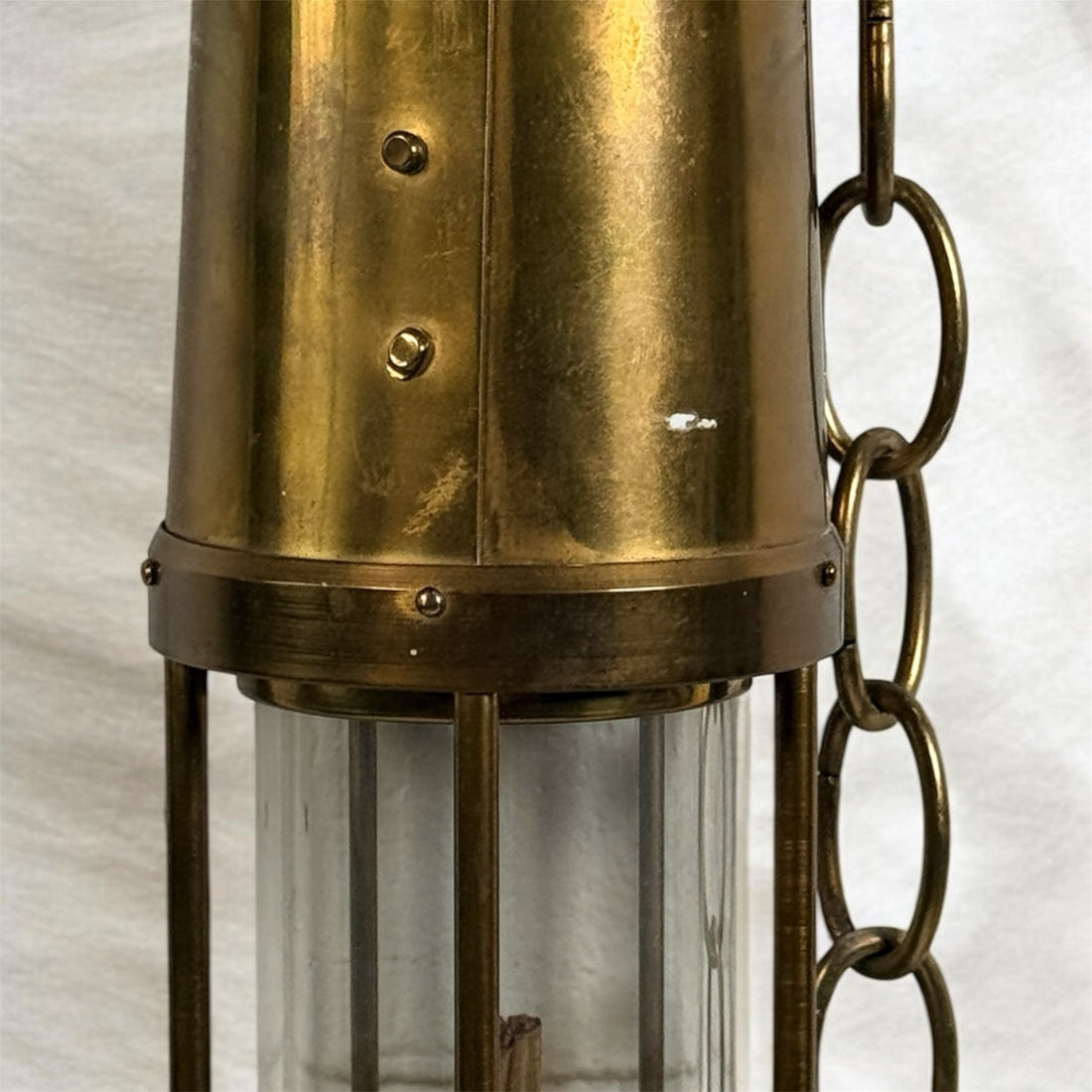 Authentic Thomas Williams Cambrian Welsh miners lamp in brass with chain. Classic industrial decor collectible marked Aberdare Wales.