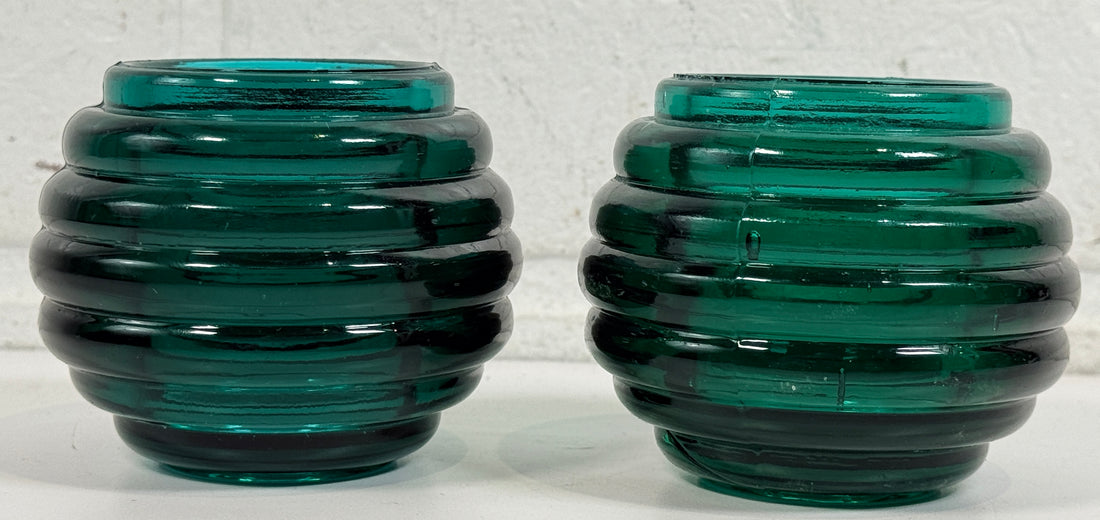 Vintage teal ribbed glass votive holders pair with Art Deco style beehive design. Heavy decorative candle holders for modern vintage décor.