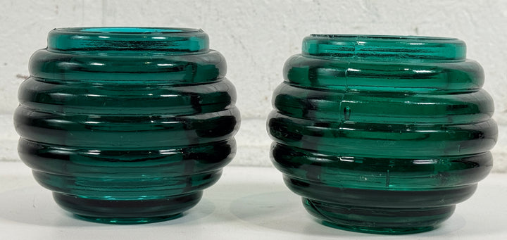 Vintage teal ribbed glass votive holders pair with Art Deco style beehive design. Heavy decorative candle holders for modern vintage décor.