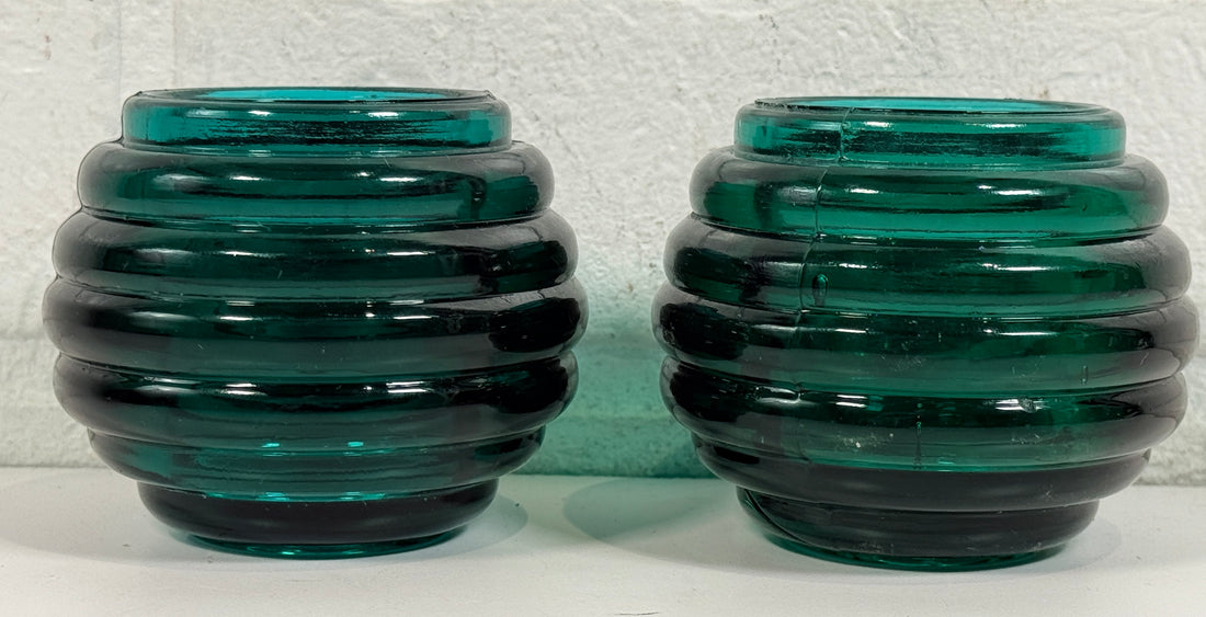 Vintage teal ribbed glass votive holders pair with Art Deco style beehive design. Heavy decorative candle holders for modern vintage décor.