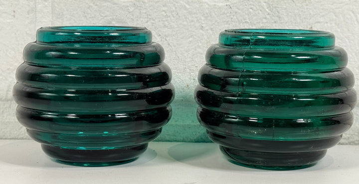 Vintage teal ribbed glass votive holders pair with Art Deco style beehive design. Heavy decorative candle holders for modern vintage décor.