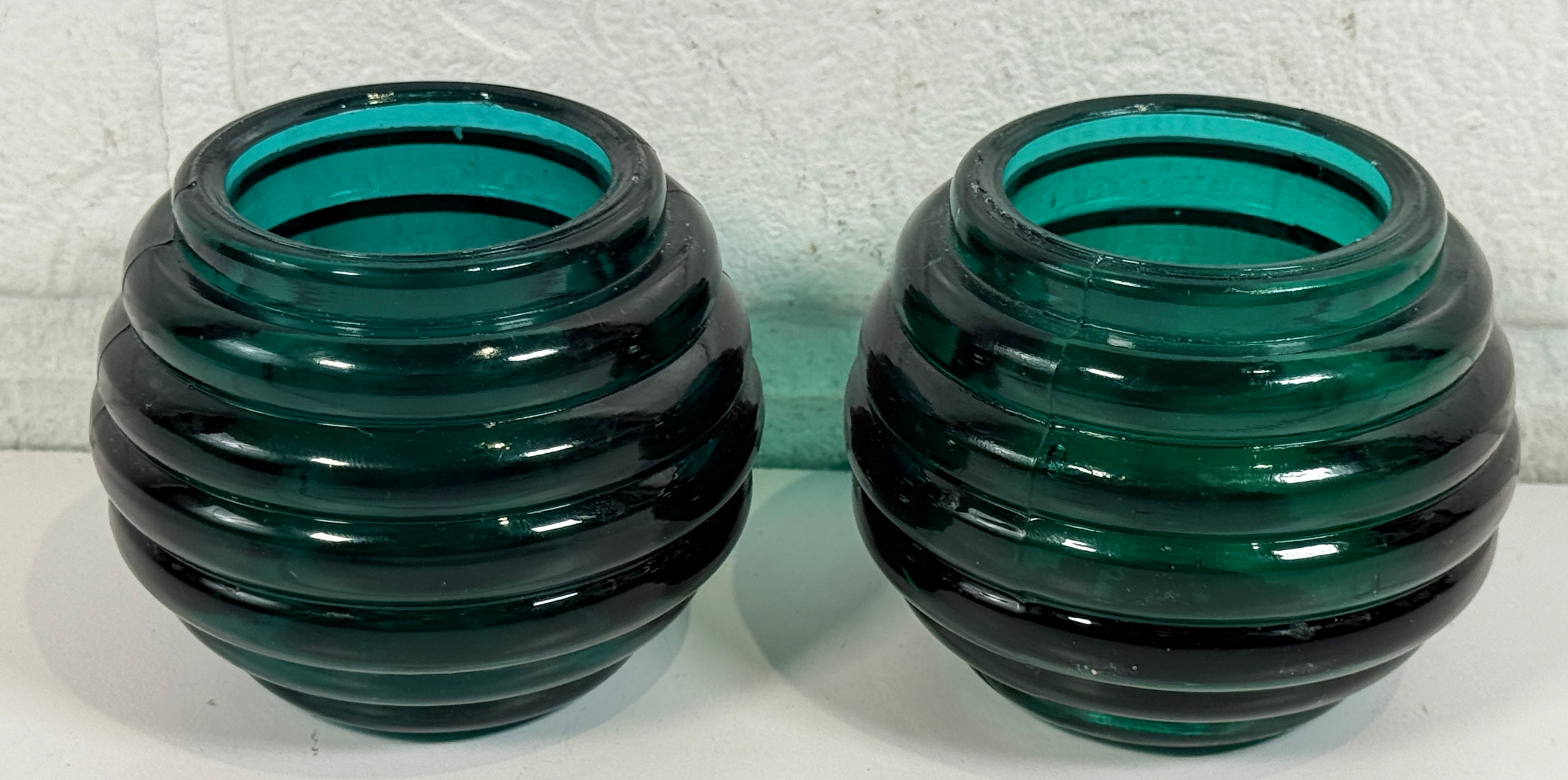 Vintage teal ribbed glass votive holders pair with Art Deco style beehive design. Heavy decorative candle holders for modern vintage décor.
