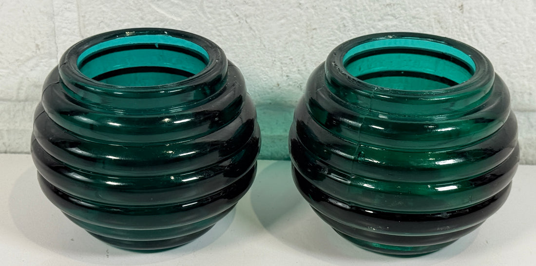 Vintage teal ribbed glass votive holders pair with Art Deco style beehive design. Heavy decorative candle holders for modern vintage décor.