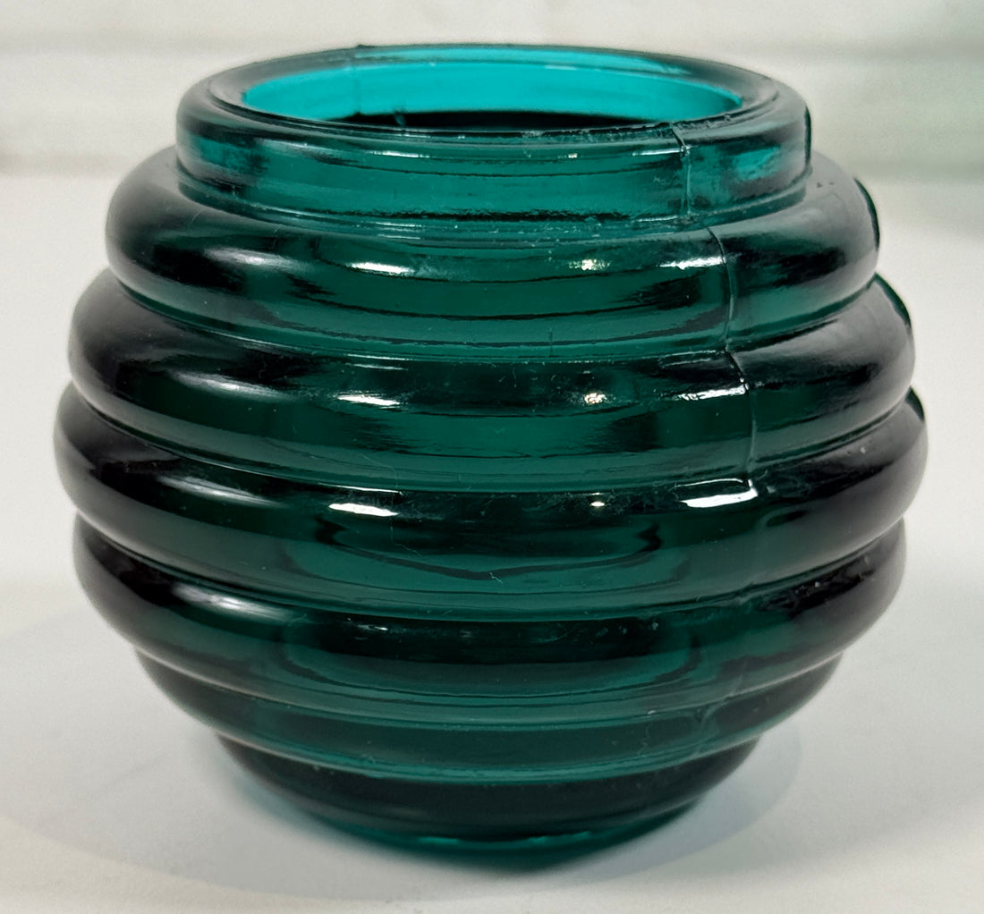 Vintage teal ribbed glass votive holders pair with Art Deco style beehive design. Heavy decorative candle holders for modern vintage décor.