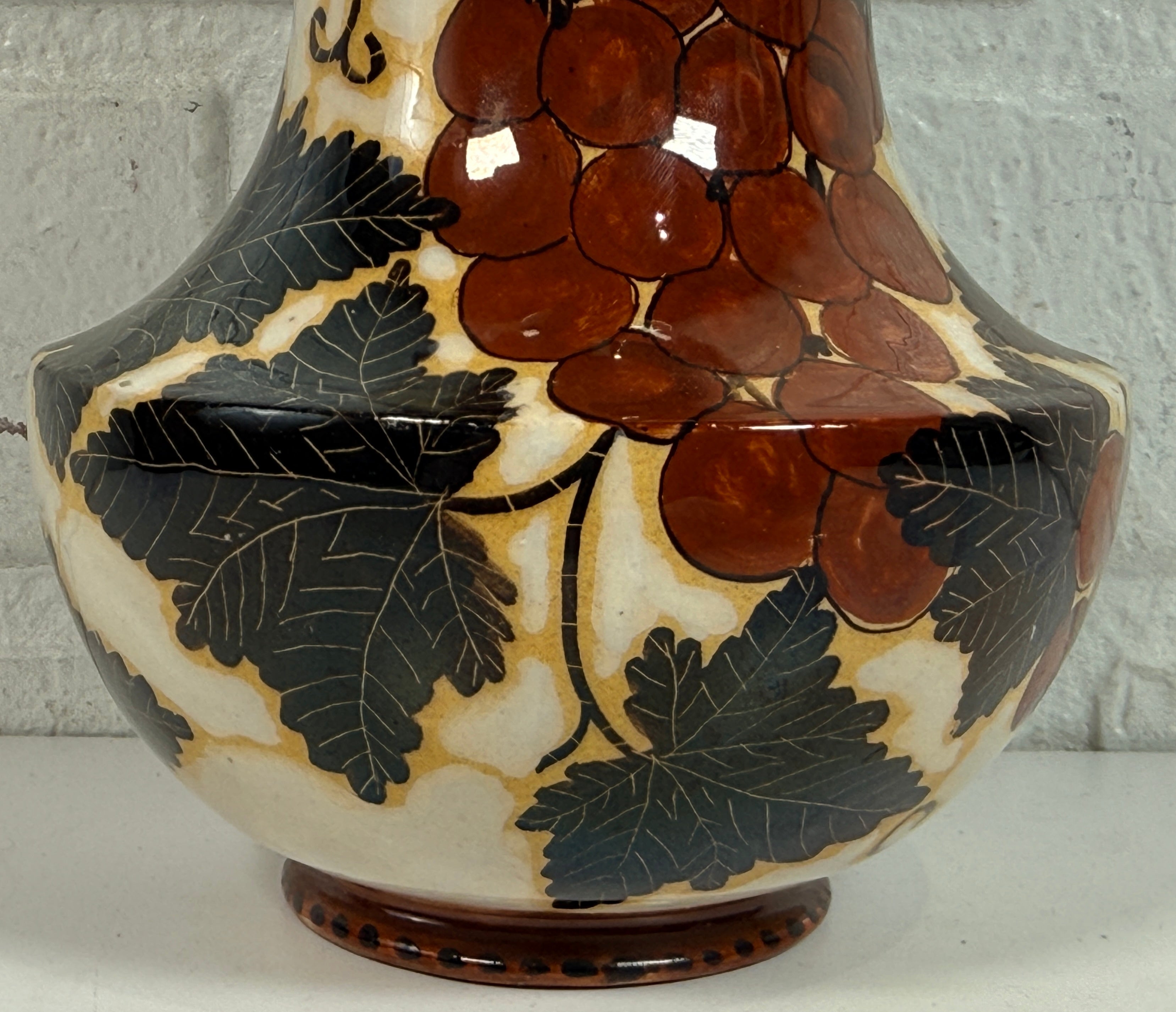 Vintage Fenice Albisola Italian ceramic vase with hand painted grape motif. Signed art pottery from Italy, collectible Tuscan décor piece.