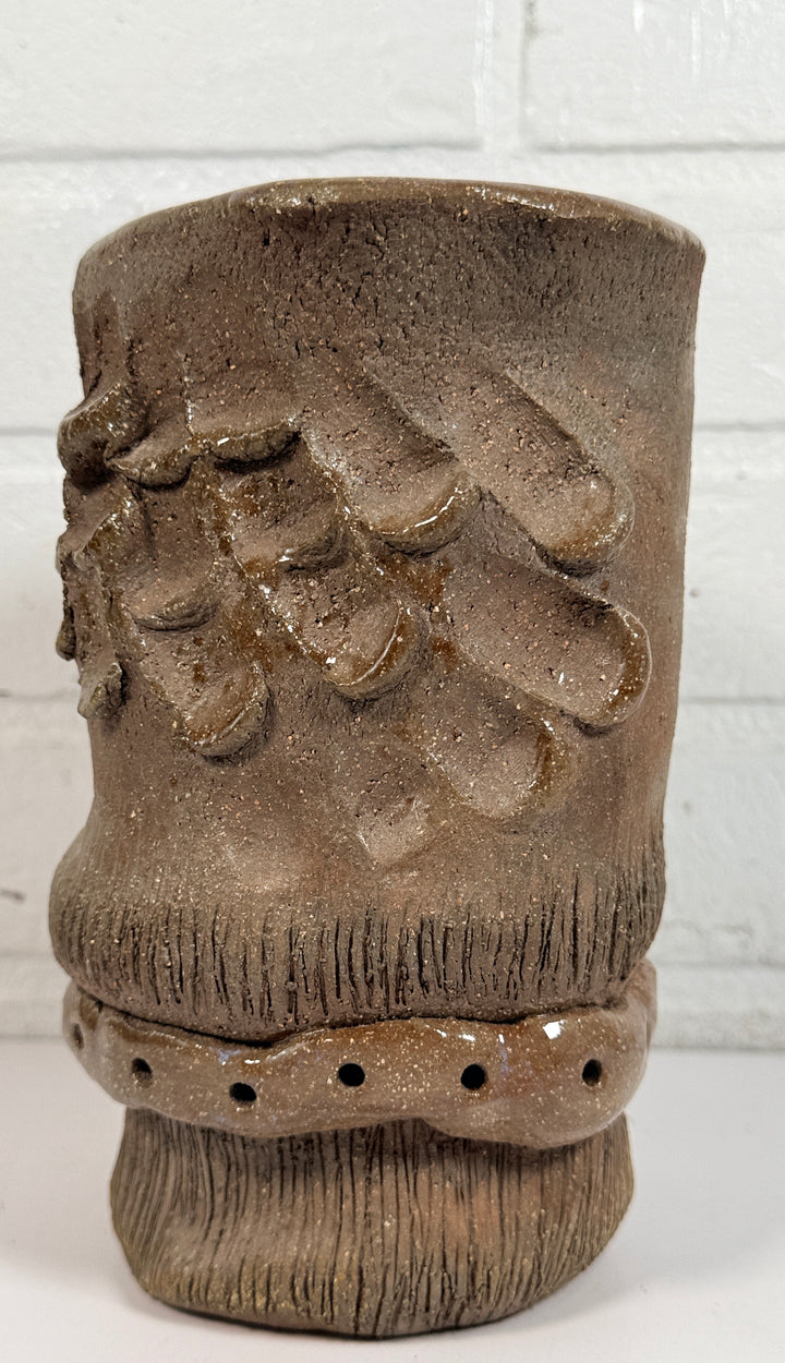 Vintage Brutalist studio pottery vessel with sculptural handmade form, earthy glaze, and organic modern décor appeal.
