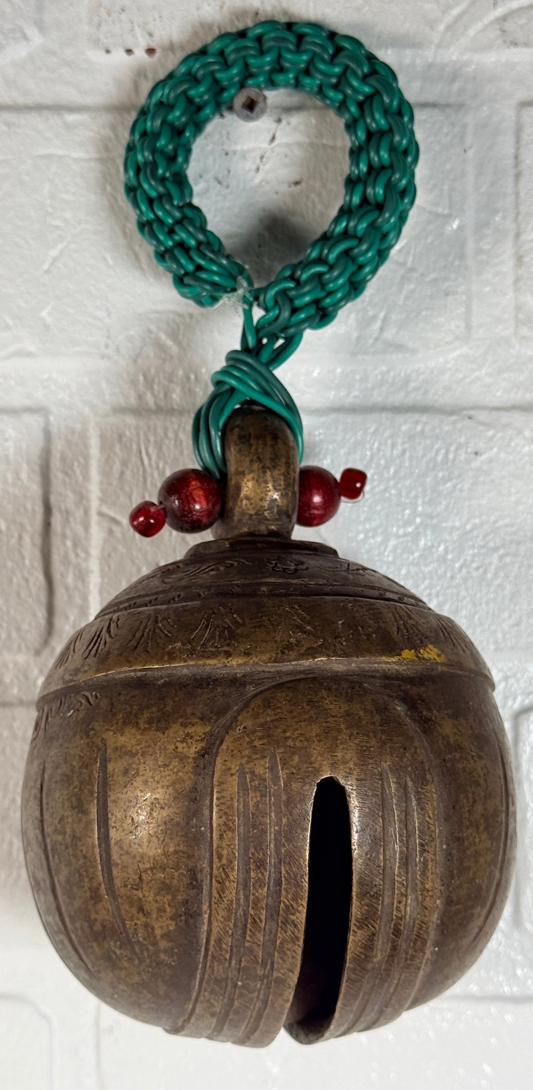 Vintage Burmese elephant bell in cast bronze with aged patina. Traditional Myanmar temple livestock bell with clapper, decorative folk art collectible.