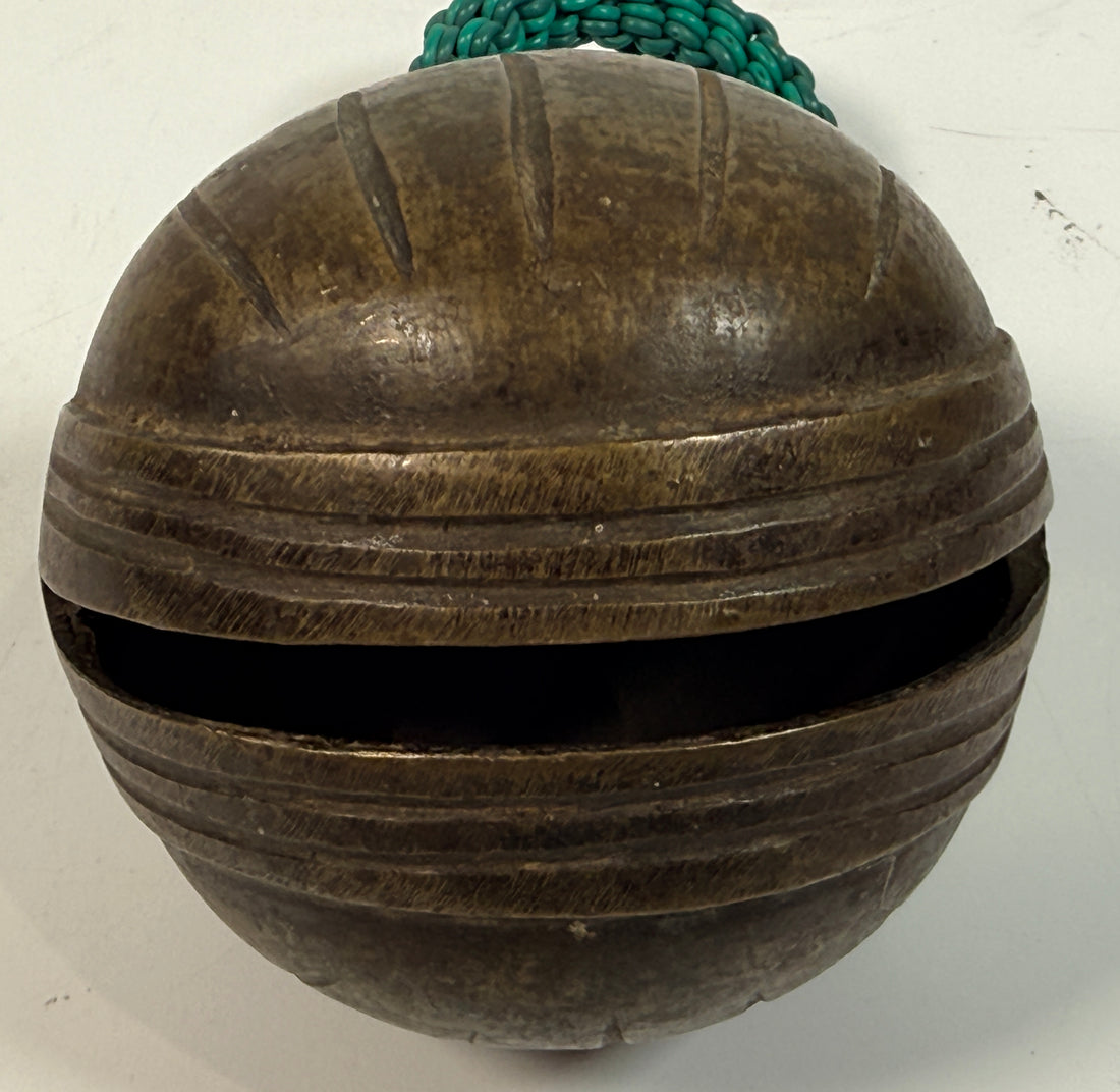 Vintage Burmese elephant bell in cast bronze with aged patina. Traditional Myanmar temple livestock bell with clapper, decorative folk art collectible.