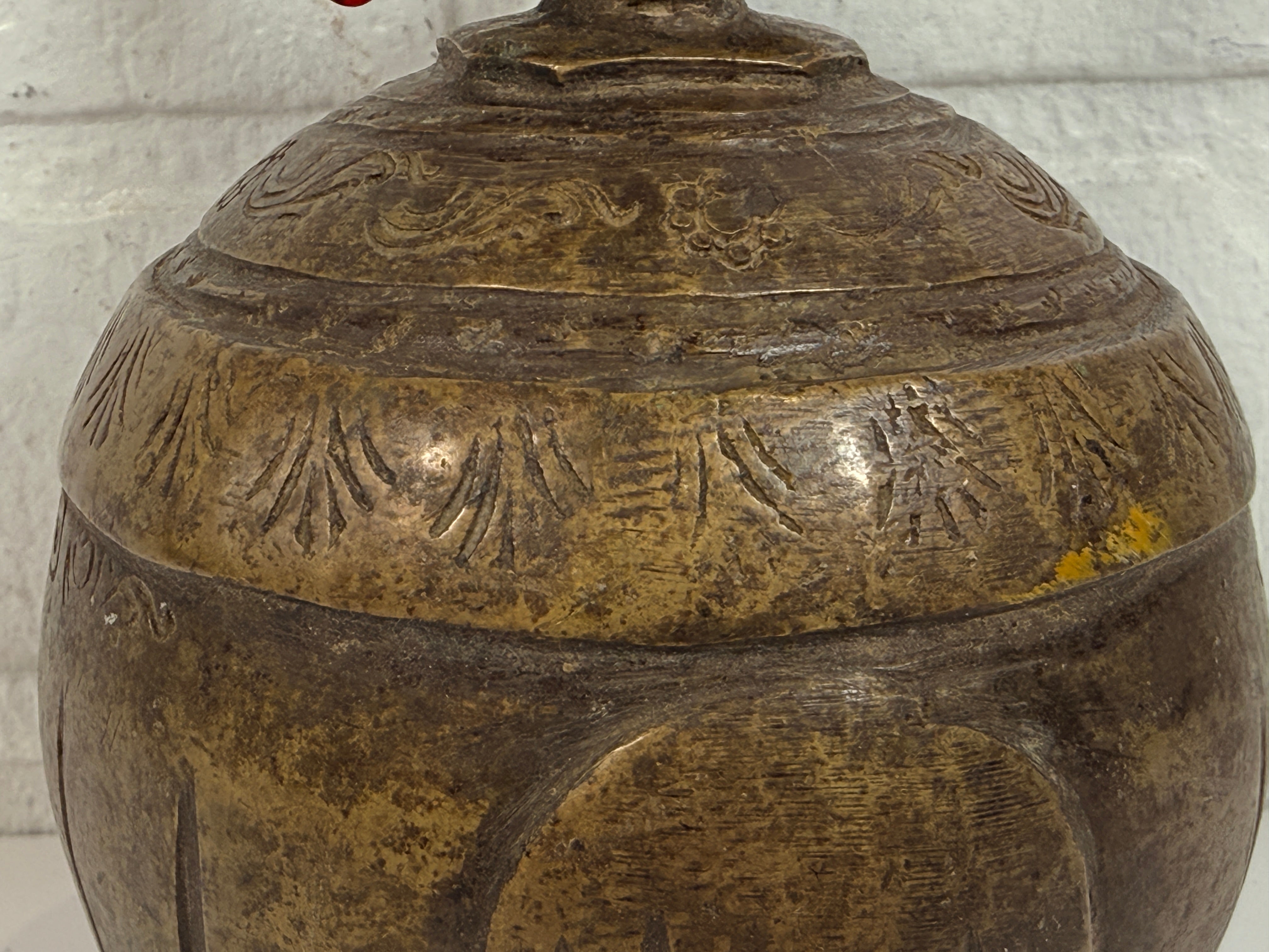 Vintage Burmese elephant bell in cast bronze with aged patina. Traditional Myanmar temple livestock bell with clapper, decorative folk art collectible.