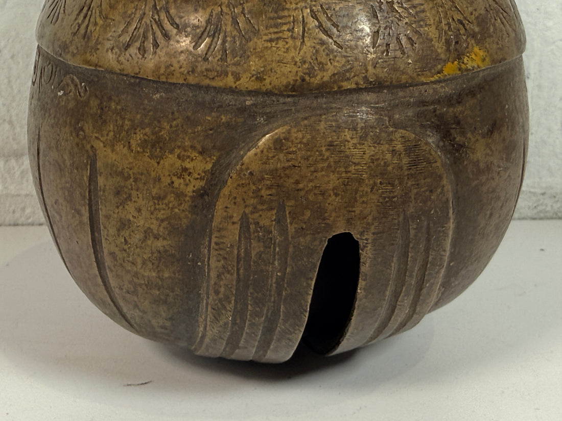 Vintage Burmese elephant bell in cast bronze with aged patina. Traditional Myanmar temple livestock bell with clapper, decorative folk art collectible.