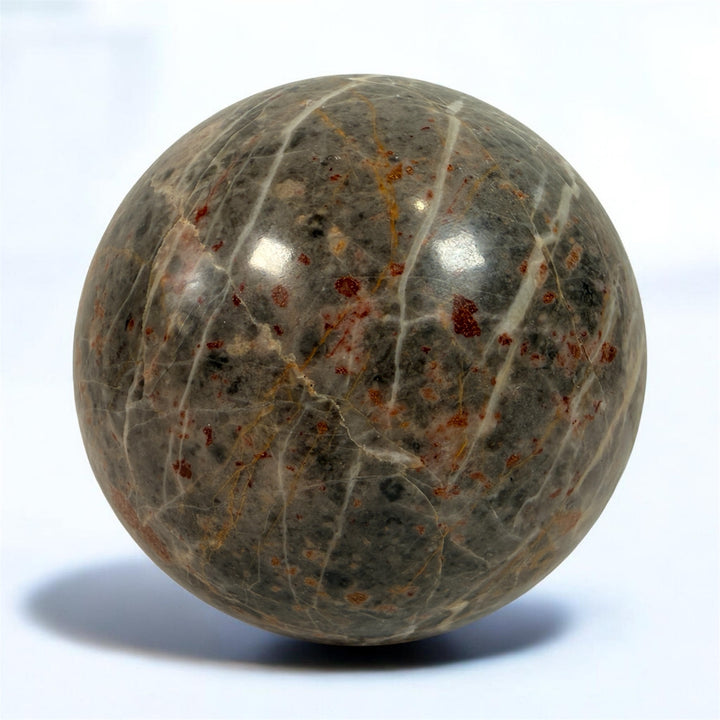 Large Polished Grey Jasper Stone Sphere, Red Iron Inclusions, 4in.