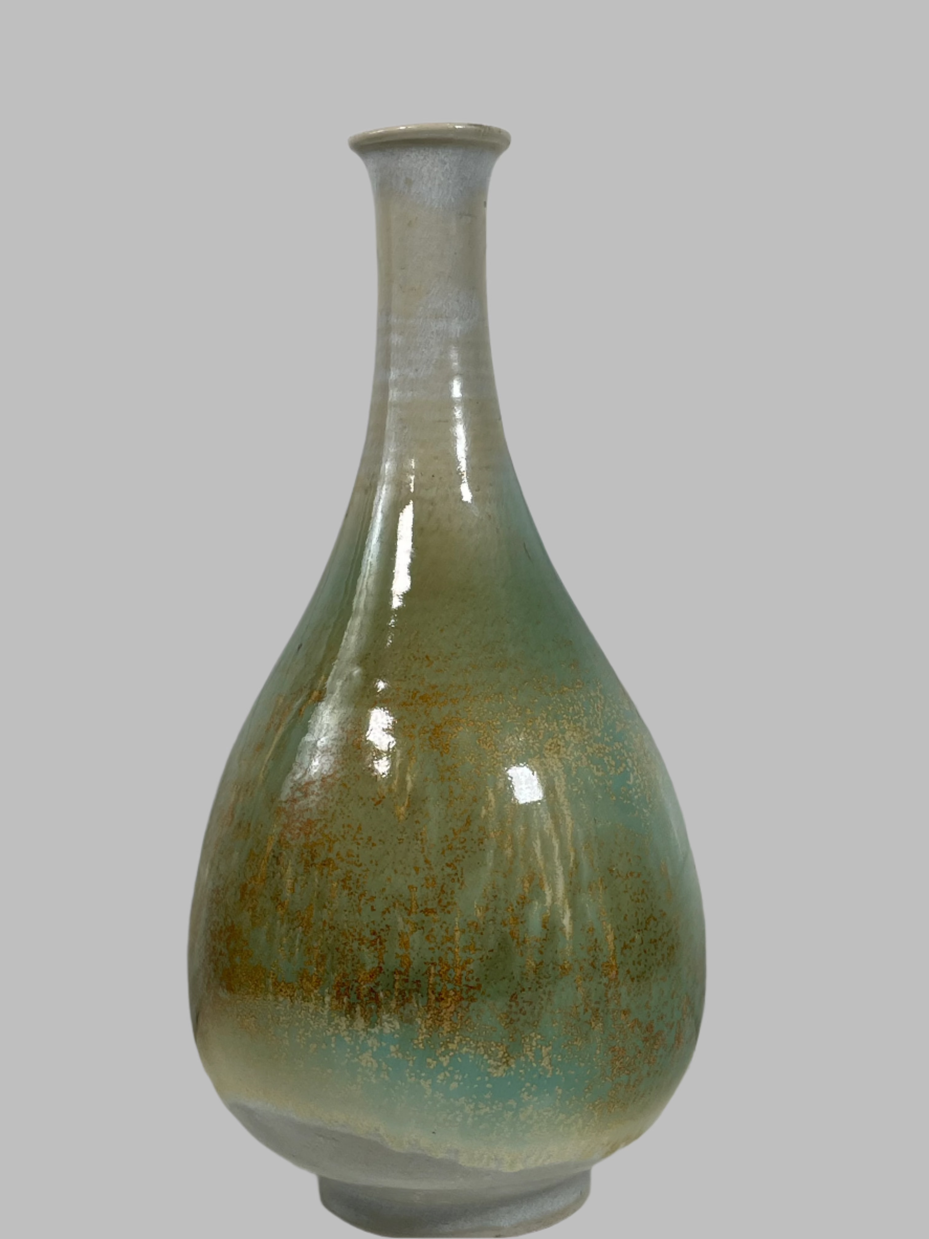 Vintage 1976 Studio Pottery Vase Signed ZM – Hand-Thrown Ceramic Bottle Form – Celadon Glaze