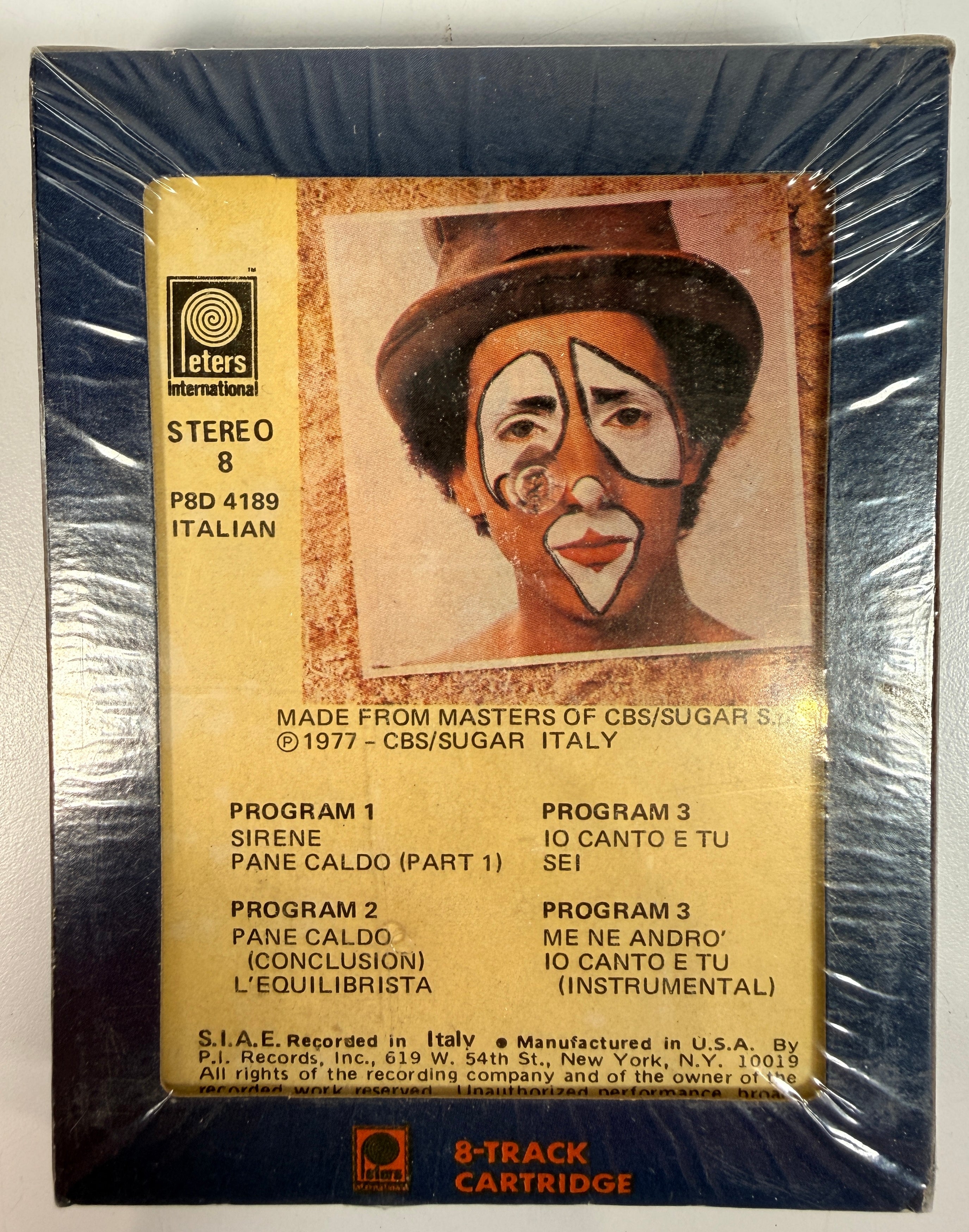 1977 Sugar Sei sealed Italian 8-track cartridge on Peters International. Rare NOS vintage stereo tape with original shrink wrap and unique cover art.